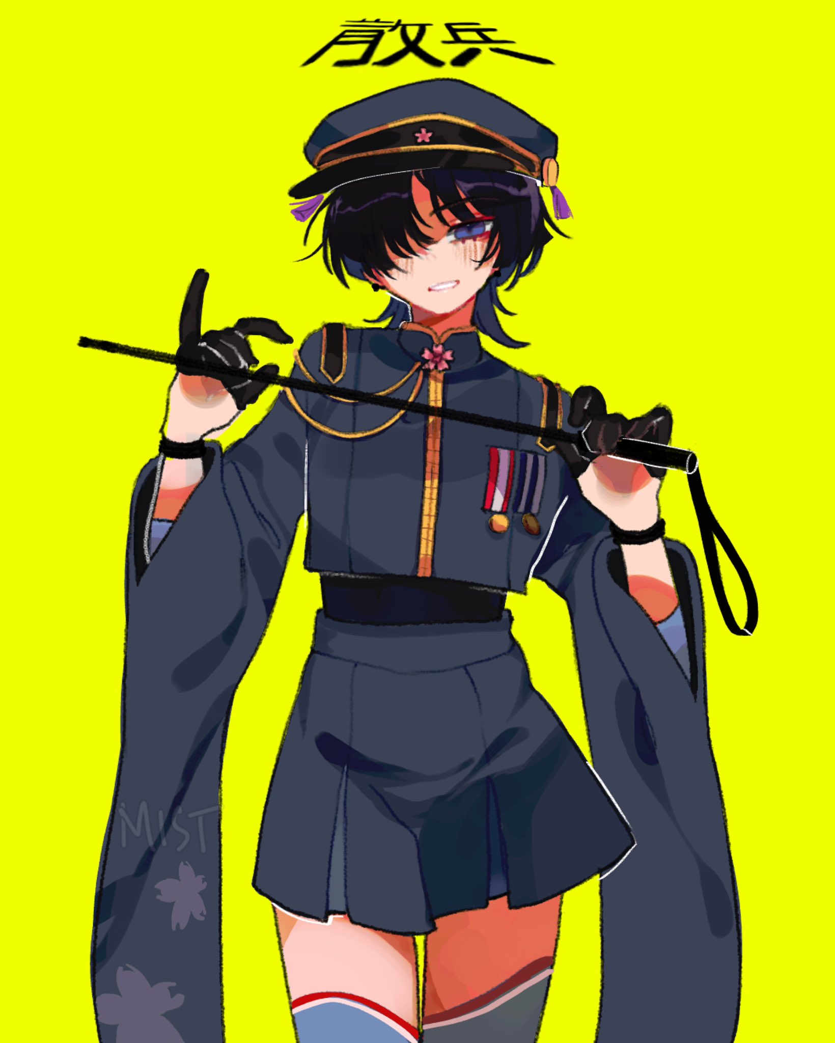 crossdressing, dress, genshin impact, male, male only, plain background, scaramouche (genshin impact), simple background, text above, whip, yellow background