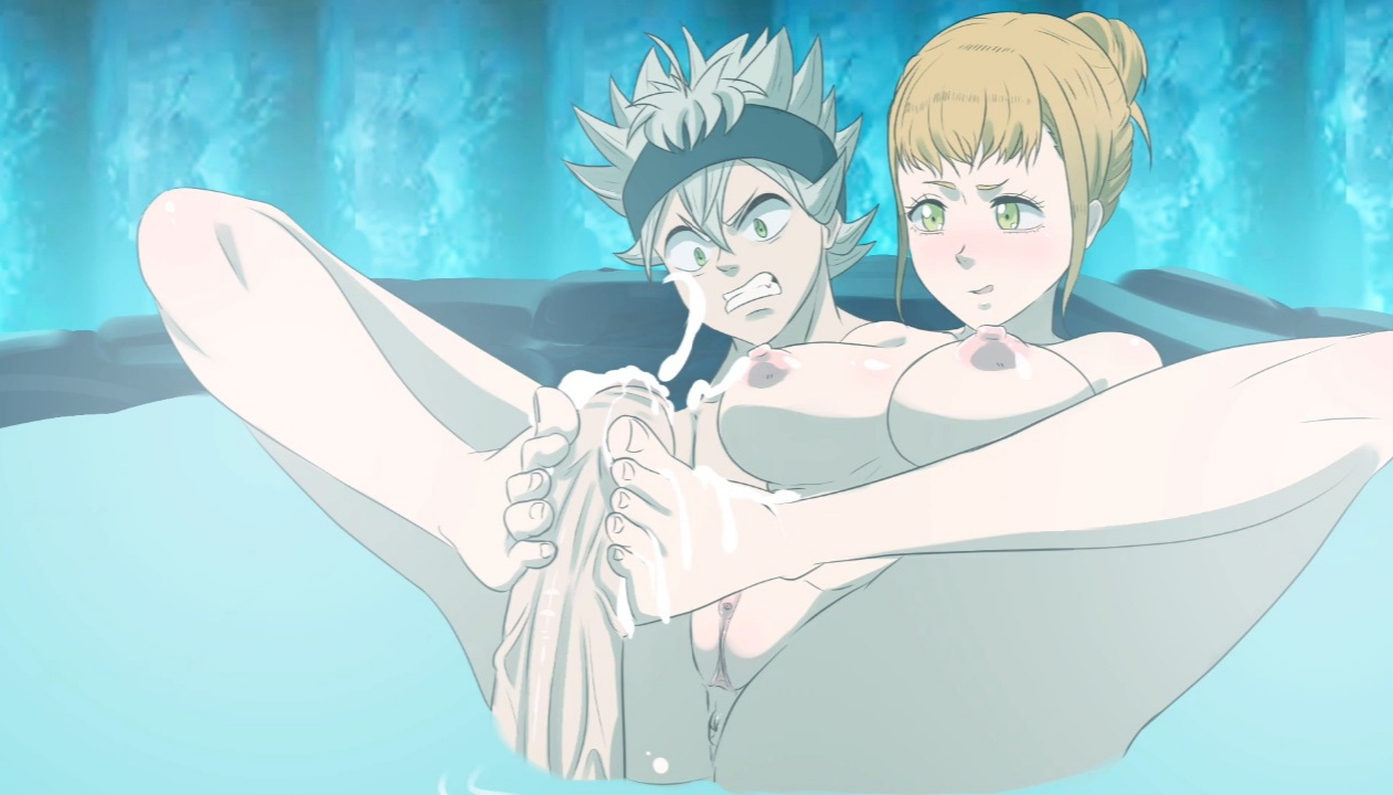 ass, asshole, asta (black clover), big breasts, big penis, black clover, breasts, completely naked, completely nude, cum, cumshot, feet, female, footjob, foreplay, foreskin, green eyes, hair up, headband, hot spring, in water, legs, legs up, male, mimosa vermillion, nipples, nude, orange hair, penis, public, pussy, silver hair, smiling, the amazing gambit, thick thighs, thighs, toes, uncircumcised