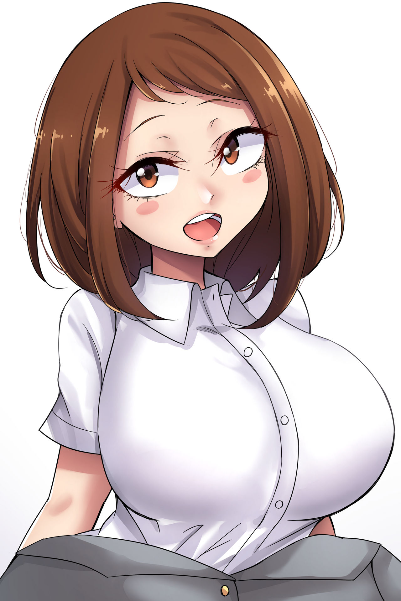 big_breasts blush brown_hair button_down_shirt cleavage huge_breasts looking_at_viewer medium_hair mistynight my_hero_academia ochako_uraraka pink_eyes school_uniform seductive_smile smile straining_buttons tight_clothing tight_fit