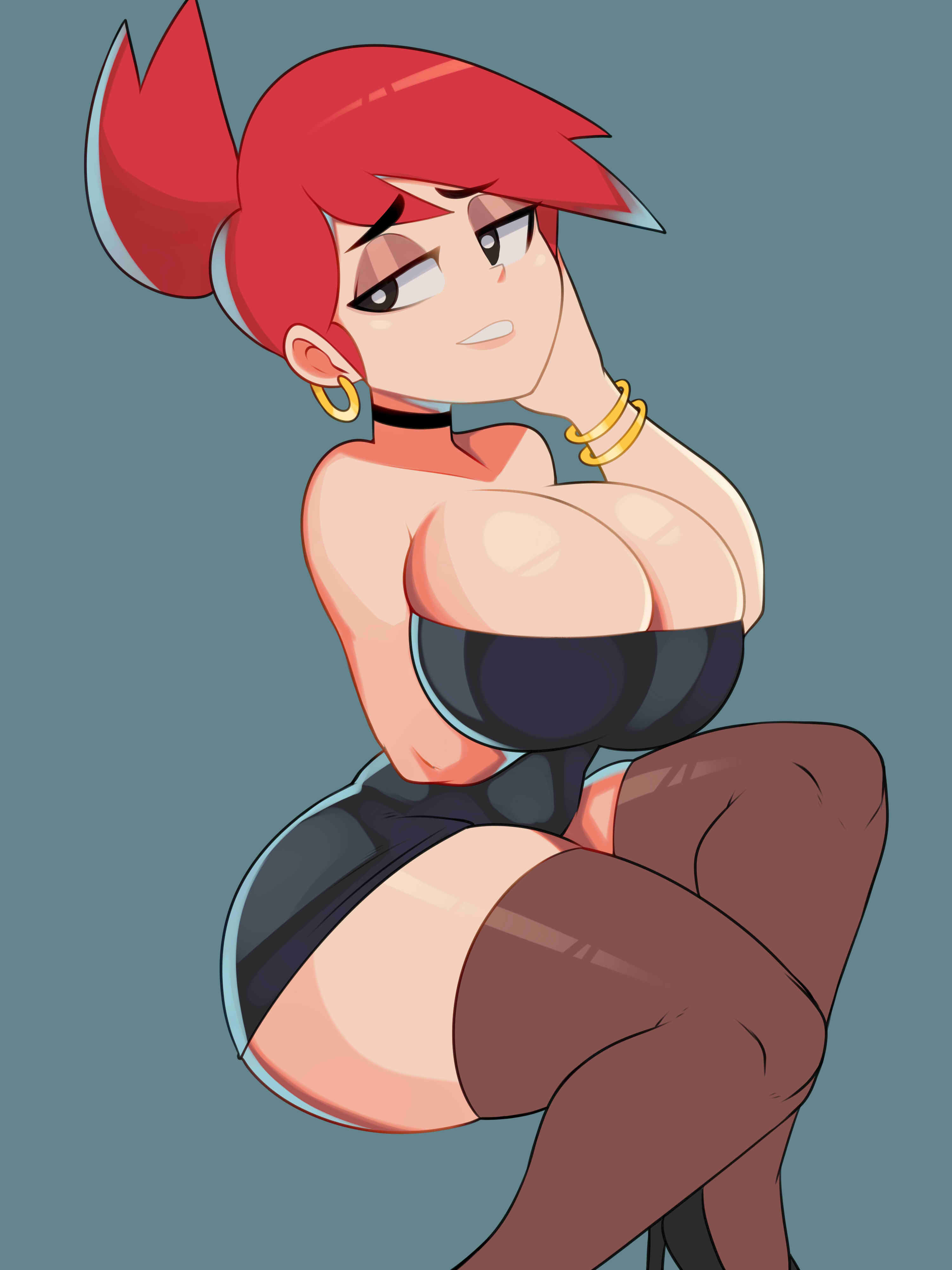 armwear, big breasts, black dress, black eyes, breasts, cartoon network, choker, cleavage, dress, earrings, female, foster's home for imaginary friends, frankie foster, hand on head, hoop earrings, huge breasts, large breasts, miniskirt, postblue98, red hair, simple background, skirt, solo, solo female, thick thighs, thighhighs, tight clothing