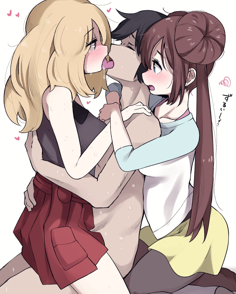 1boy, 2girls, black hair, black-haired male, blonde hair, blonde-haired female, blush, breasts, brown hair, brown-haired female, closed eyes, clothed female nude male, cowgirl position, double bun, female, female on top, implied sex, long hair, male, nintendo, pantyhose, pokemon, pokemon bw2, pokemon xy, reona (mesuinupoke), rosa (pokemon), serena (pokemon games), serena (pokemon), skirt, sweat, threesome, tongue kiss, twintails, white background