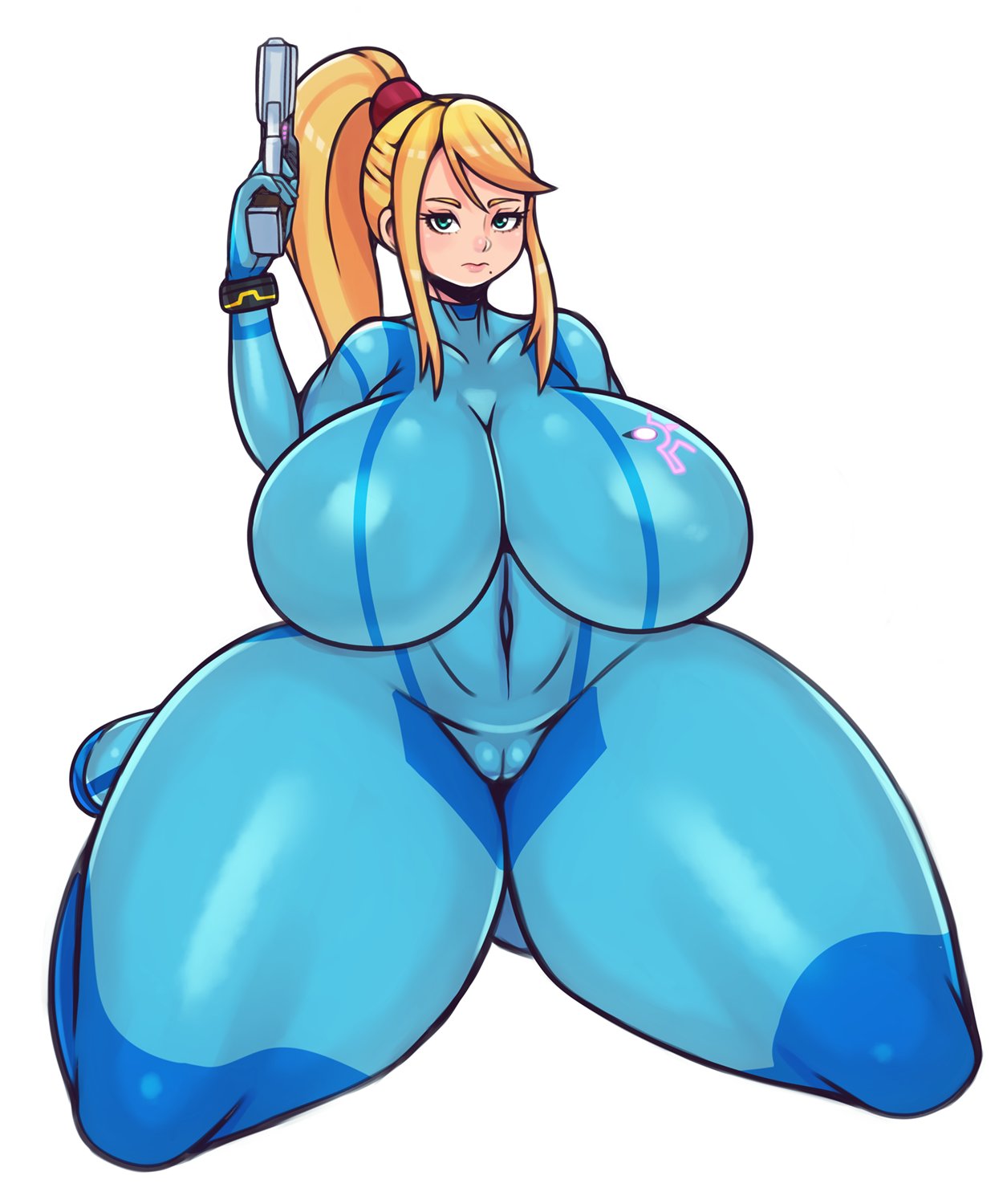 1girls, alternate breast size, bodysuit, breasts, breasts bigger than head, cameltoe, female, female only, huge breasts, looking at viewer, matospectoru, metroid, pussy, samus aran, small head, solo, thick thighs, wide hips, zero suit, zero suit samus
