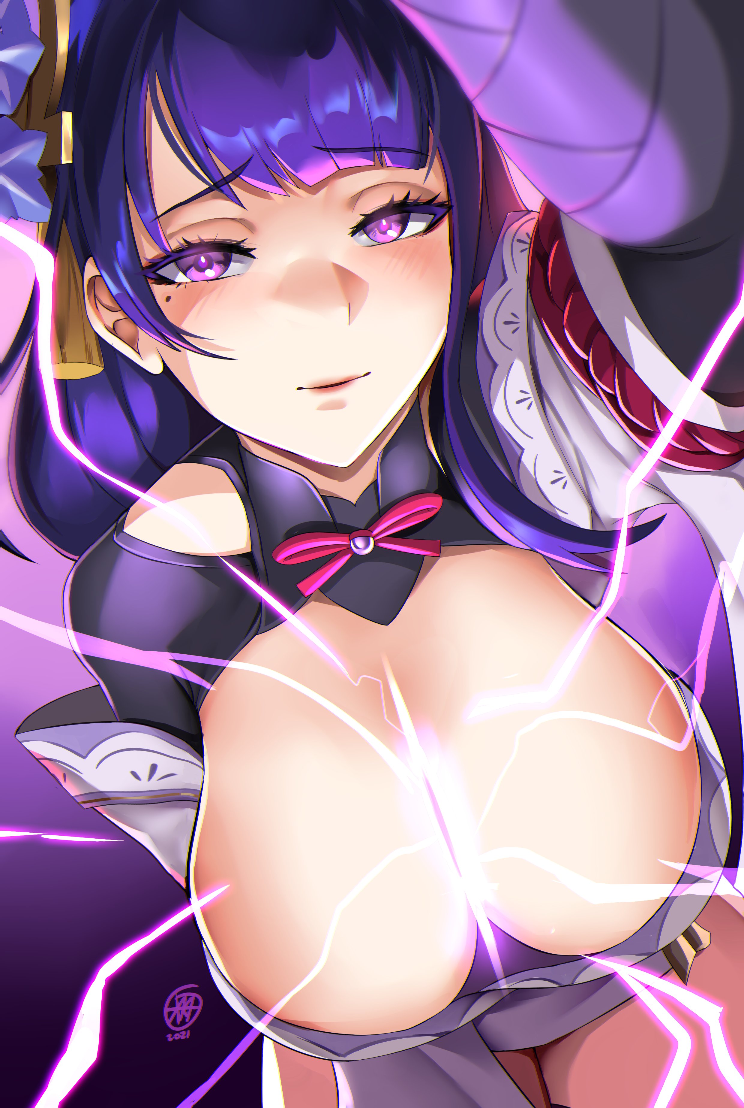 1girls, blush, breasts, cleavage, electricity, female, female only, genshin impact, kimono, large breasts, looking at viewer, purple eyes, purple hair, raiden shogun, xkit69