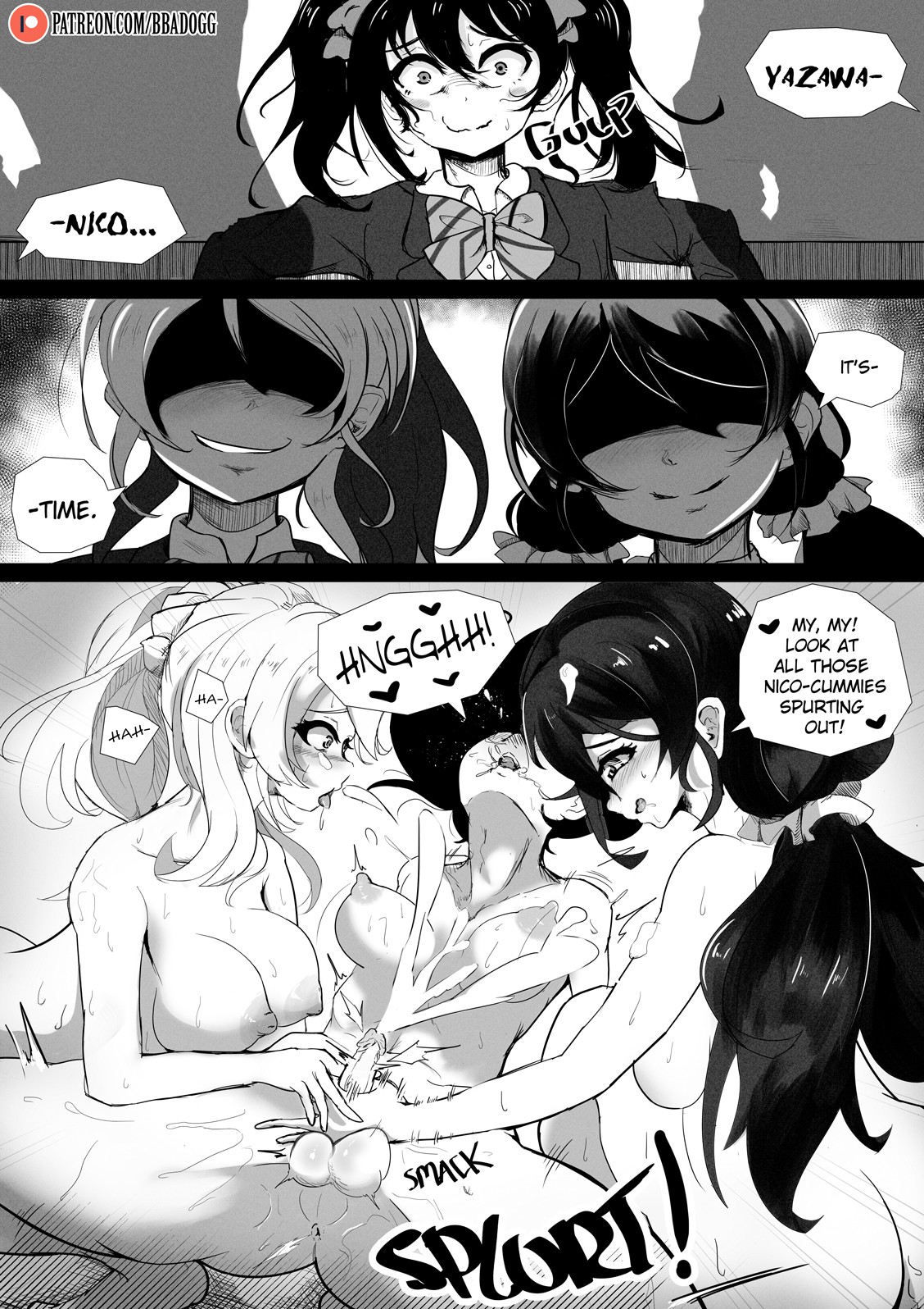 1futa, 2girls, 3koma, artist logo, artist name, ayase eli, bbadogg, black hair, breasts, comic, cum, dialogue, dominant female, domination, ejaculation, english text, female, female focus, female on futa, femdom, futa on female, futanari, futasub, greyscale, handjob, intersex, jerking, jerkingoff, jerkingoff another, larger female, lesbian, light skin, light-skinned female, line art, love live!, love live! school idol project, manga, monochrome, open mouth, orgasm, penis, ponytail, saliva trail, school uniform, sex, shooting, small breasts, small penis, small penis adoration, smaller futa, speech bubble, sperm, squatting, threesome, tongue, tongue out, toujou nozomi, twintails, yazawa nico, young