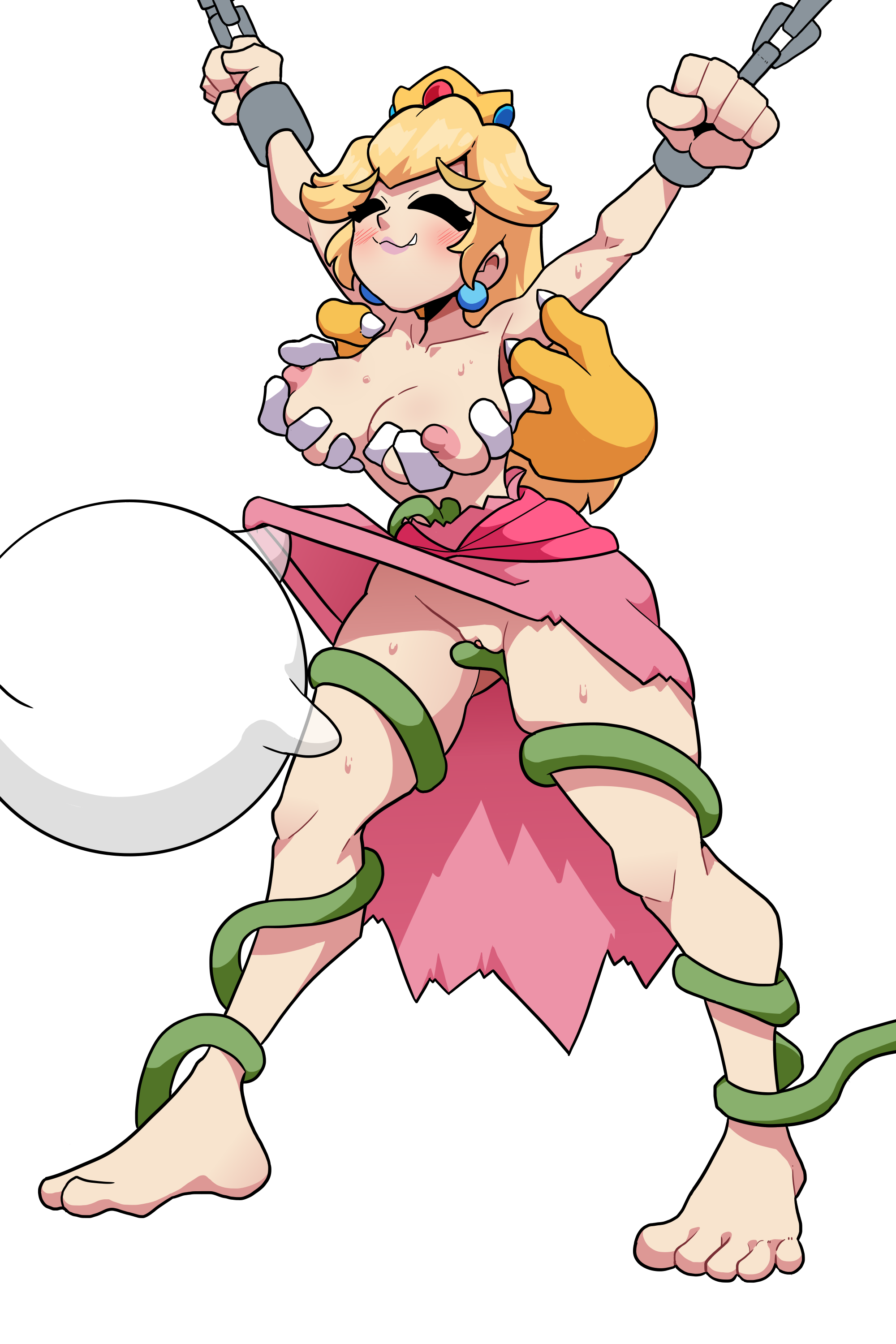 1girls, blonde hair, blush, bondage, boo (mario), bound wrists, bowser, breast grab, breast squeeze, breasts, chained, chained wrists, chains, crown, exposed breasts, exposed pussy, female, female focus, koopa, lifting dress, lipstick, mario (series), nintendo, nipples, nude, nude female, piranha plant, princess peach, pussy, restrained, simple background, standing, tadashibaka, tentacle, tickling, tickling pussy, tickling sides, topless, torn clothes, vines, white background