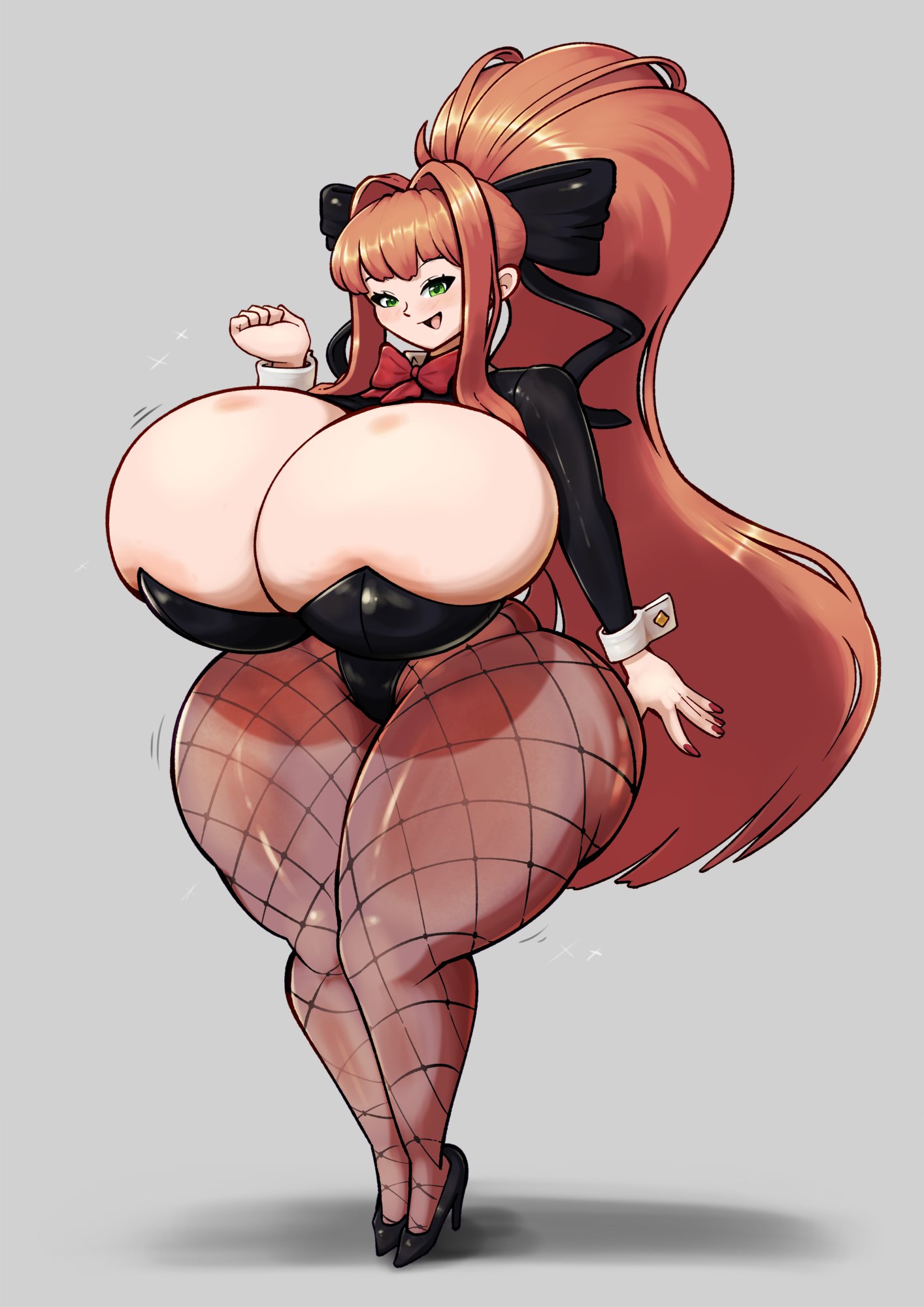 1girls, artist request, breasts, bunnysuit, cleavage, curvy, doki doki literature club, female, fishnets, green eyes, high heels, huge breasts, long hair, monika (doki doki literature club), ponytail, tagme, thick thighs, wide hips