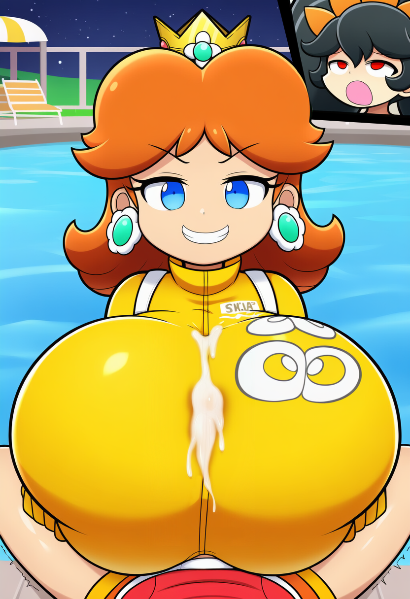 1girl1futa, 2girls, ai generated, alternate breast size, ashley (warioware), big breasts, black hair, blue eyes, breasts, cum, cum on breasts, cumshot, earrings, female, futanari, grin, huge breasts, intersex, large breasts, looking at viewer, mario (series), moaning, night, orange hair, paizuri, paizuri under clothes, princess daisy, racing suit, red eyes, smug, super mario bros., swimming pool, warioware