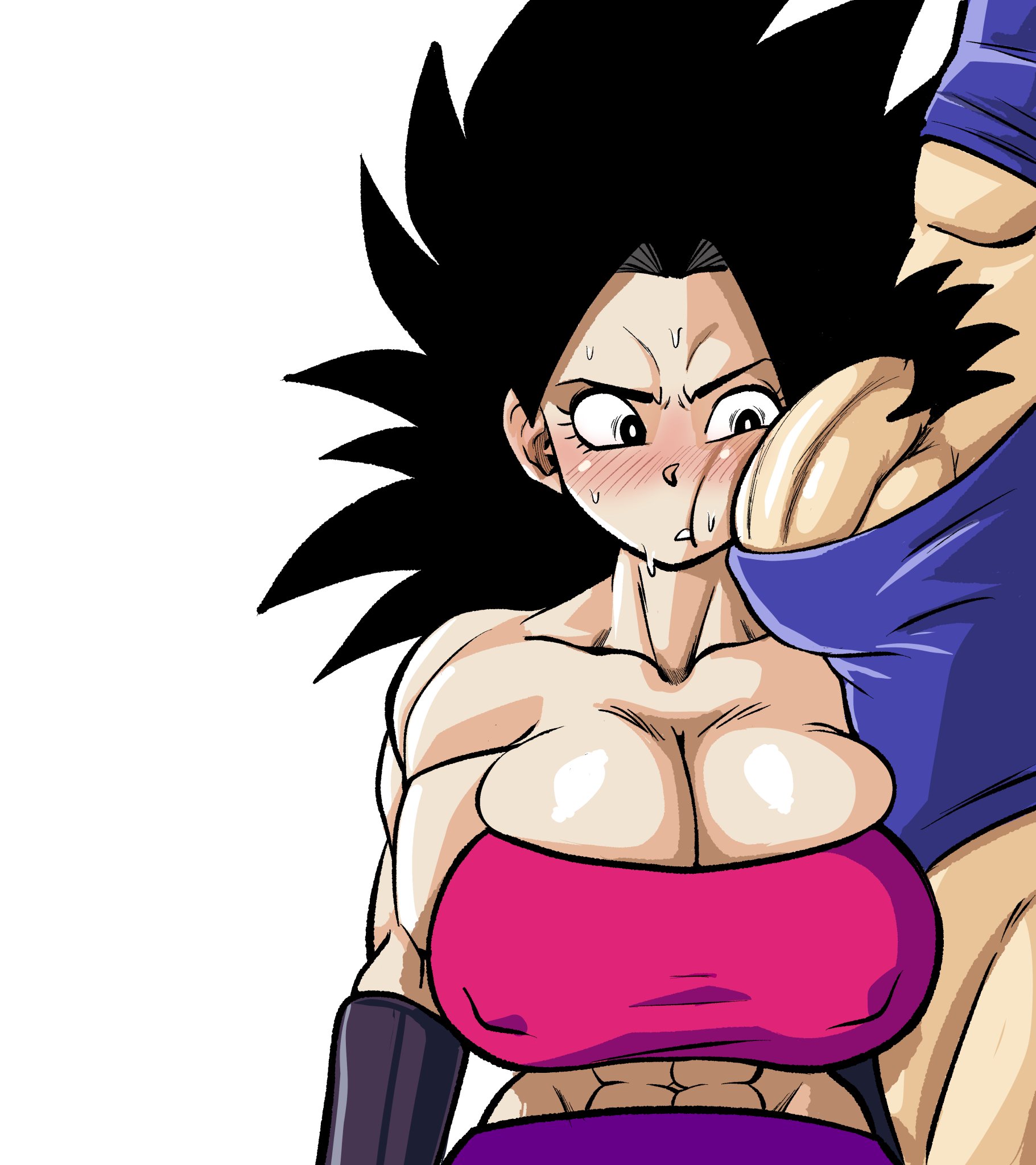 1boy, 1girls, big breasts, breasts, breasts bigger than head, cabba, caulifla, dragon ball, dragon ball super, female, horny, male, muscular, muscular female, nipple bulge, penis, penis in face, pseudocel, saiyan, surprised, tight clothing, tight fit, tube top, tubetop