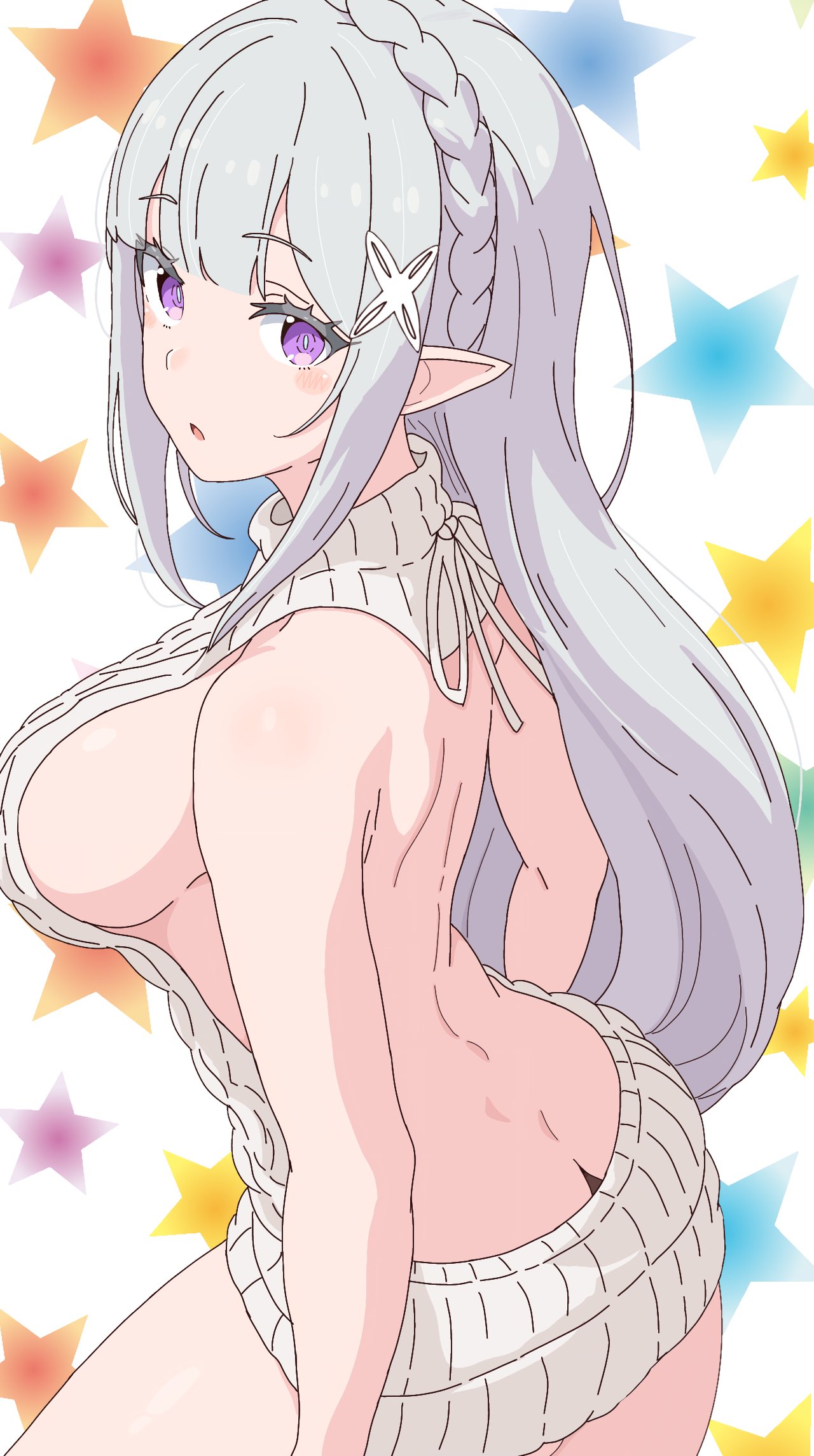 1girls, ass, back view, bare back, breasts, butt crack, elf, elf ears, elf female, emilia (re:zero), exposed back, female, large breasts, looking at viewer, looking back, purple eyes, re:zero kara hajimeru isekai seikatsu, sideboob, silver hair, solo, standing, thick thighs, virgin killer sweater