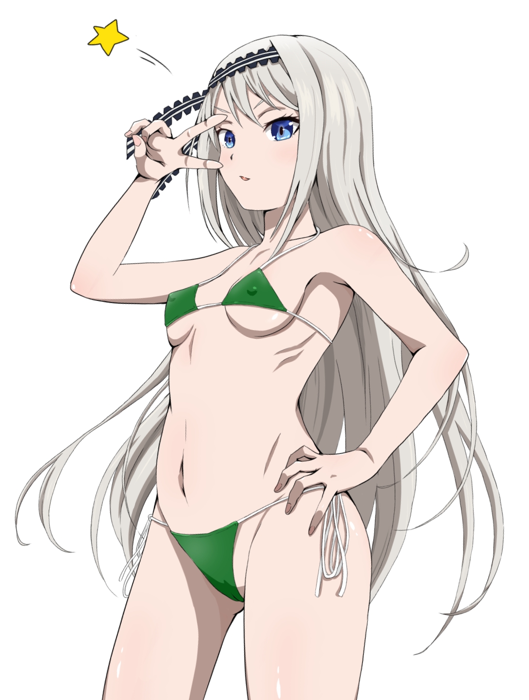 1girls, ankake pasta, arm up, armpit, armpit crease, armpit peek, armpits, bare armpits, bare arms, bare belly, bare chest, bare hands, bare hips, bare legs, bare midriff, bare navel, bare shoulders, bare skin, bare thighs, belly, belly button, bikini, bikini bottom, bikini only, bikini top, black hairband, blue eyes, blue-eyed female, breasts, collarbone, digital, digital art, digital drawing, digital drawing (artwork), digital media, digital media (artwork), elbows, exposed armpits, exposed arms, exposed belly, exposed chest, exposed hips, exposed legs, exposed midriff, exposed navel, exposed shoulders, exposed skin, exposed thighs, female, female focus, female only, fingernails, fingers, green bikini, green bikini bottom, green bikini top, green string bikini, green swimsuit, green swimwear, groin, hair between eyes, hairband, hairless armpits, half naked, half nude, halterneck, hand up, high resolution, high school student, highres, inframammary fold, inguinal crease, inguinal ligament, kaguya-sama wa kokurasetai ~tensai-tachi no renai zunousen~, lean figure, linea alba, little sister, long hair, looking at viewer, looking down, looking down at viewer, midriff, naked, naked female, naked woman, narrow waist, navel, nipple bulge, nude, nude female, nudity, peace sign, petite, petite body, petite breasts, petite female, petite tits, posing, posing for the viewer, schoolgirl, semi nude, shaved armpits, shirogane kei, shoulders, side-tie bikini, sign, simple background, skinny, skinny female, skinny waist, slender body, slender waist, slim waist, small breasts, solo, standing, stomach, string bikini, swimsuit, swimwear, teenage female, teenager, thigh gap, thighs, underboob, upper body, v, v sign, white background, white eyebrows, white hair, white hairband, white-haired female, wide hips, young female, young woman, younger sister