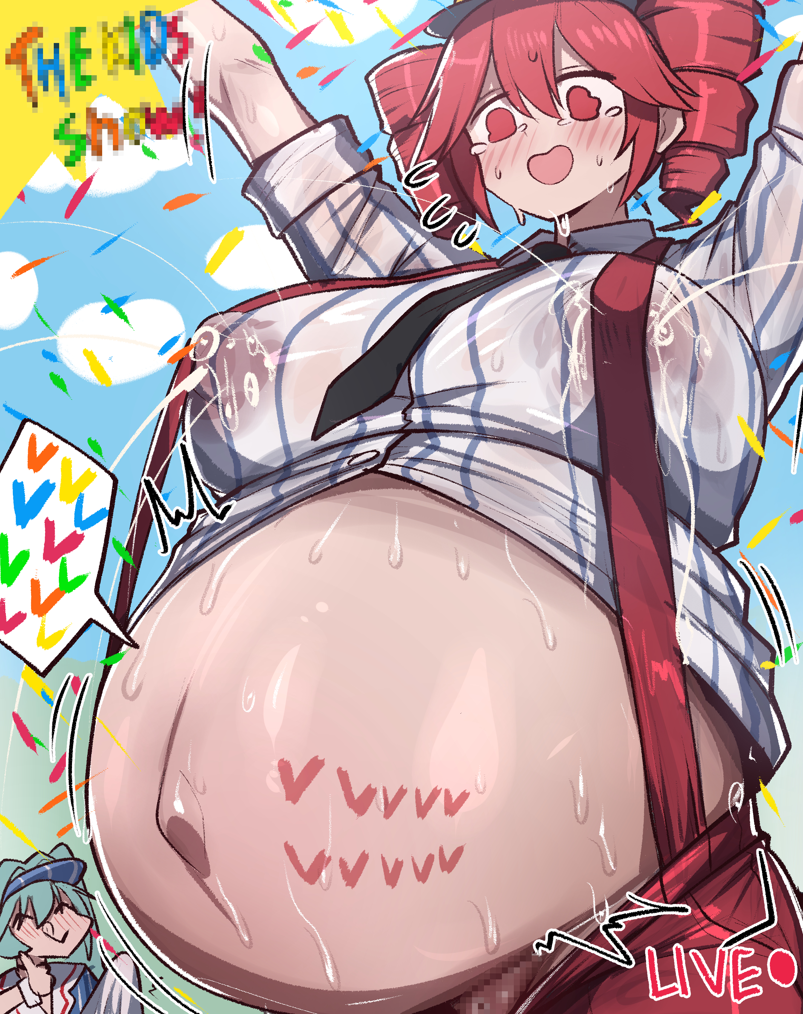 1futa, 1girls, 2025, 2girls, absurd res, absurdres, alternate breast size, areola, areolae, areolae visible through clothing, belly, belly button, big belly, big breasts, black necktie, blue hair, blush, breasts, breasts bigger than head, bulge, bulge through clothing, censored, clothed, clothed female, clothing, cock, confetti, curvaceous, curvy, curvy female, curvy figure, dick, drill hair, exposed breasts, exposed pussy, female, female focus, futa on female, futa wife, futa with female, futanari, geulimykun (skbyunea413), hat, hatsune miku, heart, heavily pregnant, hi res, highres, huge breasts, humiliation, hyper pregnancy, intersex, intersex/female, kasane teto, lactating, lactation, lactation through clothes, large belly, large breasts, light skin, light-skinned female, light-skinned futa, livestream, long hair, medium hair, mesmerizer (vocaloid), mesmerizer miku, mesmerizer teto, milk, milk squirt, mosaic censoring, multiple girls, navel, necktie, nipple bulge, nipples, nipples visible through clothing, octuple pregnancy, open mouth, overalls, partially clothed, penis, pregnancy, pregnant, pregnant belly, pregnant female, pussy, pussy exposed, ready to pop, red eyes, red hair, revealing clothes, shirt, smile, stomach, streamer, streaming, suspenders, sweat, tear, tearing up, tears, tongue, tongue out, twin drills, twintails, vagina, visor cap, voluptuous, voluptuous female
