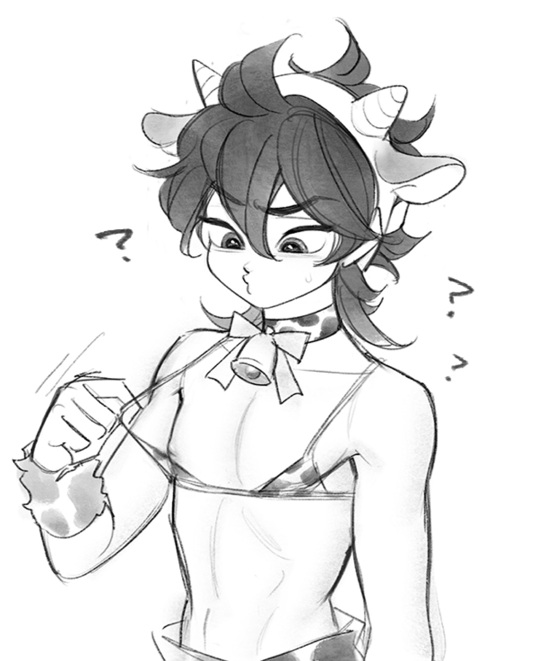 abs, artist request, big eyes, black hair, boobs, breasts, confusion, cow ears, cow horns, cow print, cowbell, cute, femboy, greyscale, jojo's bizarre adventure, male, male breasts, male with breasts, narancia ghirga, nipples, solo male, uncolored, vento aureo