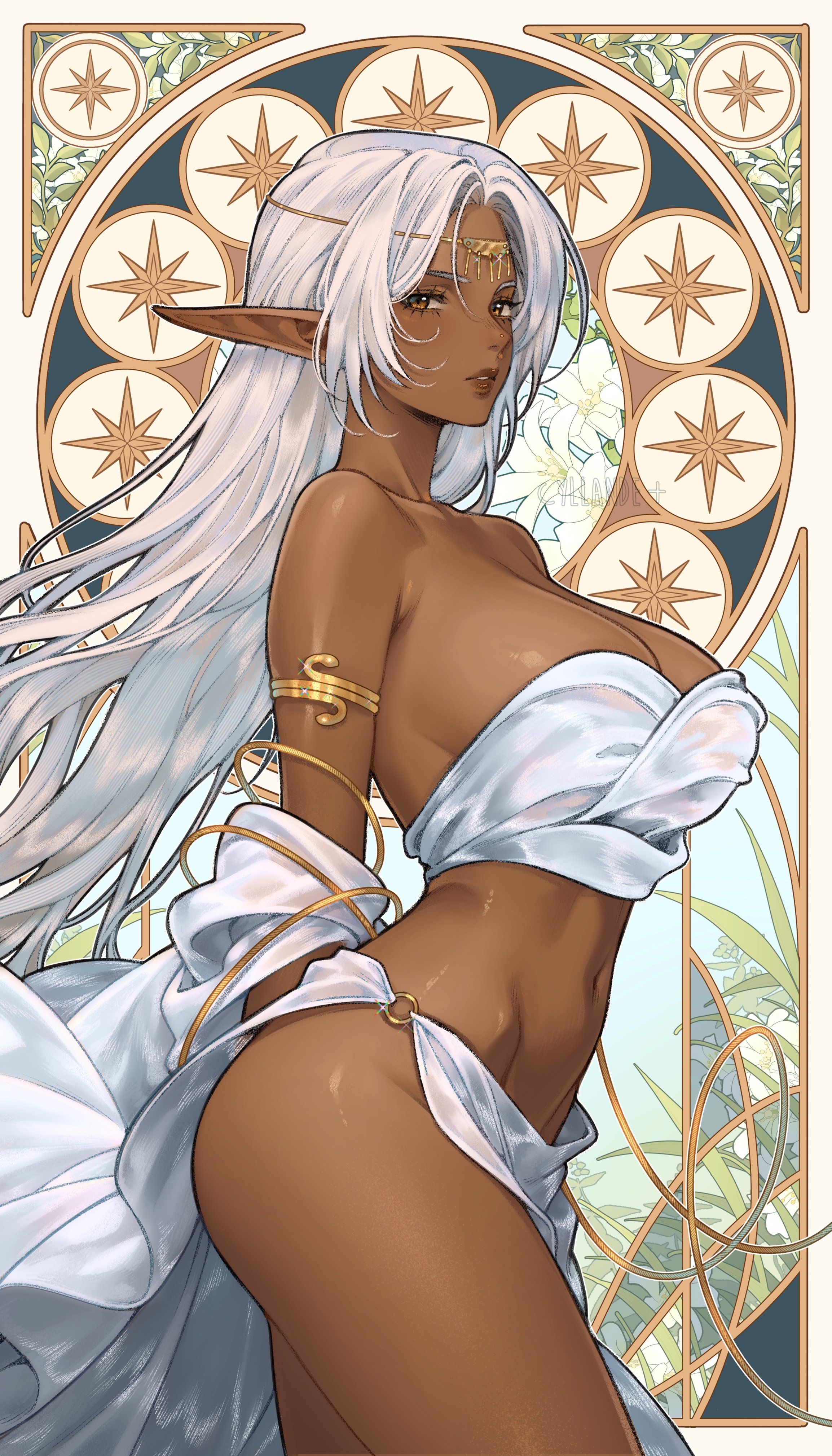 armlet, bare shoulders, breasts, circlet, cleavage, dark elf, dark skin, dark-skinned female, elf, female only, jewelry, large breasts, long hair, navel, pirotess, pointy ears, record of lodoss war, solo, white hair, yiiande