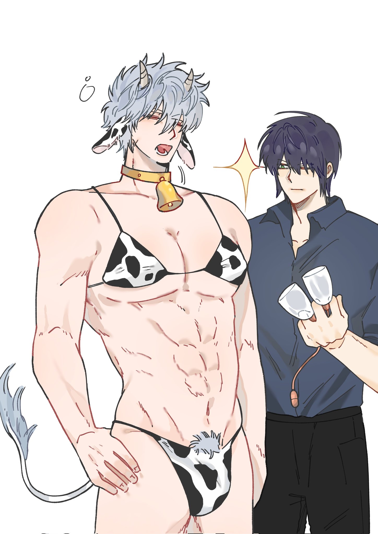 2boys, amagakii38079, bulge, collar, cow boy, cow ears, cow horns, cow print, cow print bikini, cow tail, cowbell, gay, gintama, gintoki sakata, kemonomimi, male, male only, male pubic hair, milking machine, muscular, muscular male, pecs, pubic hair, pubic hair peek, takasugi shinsuke, white hair, yaoi, yawn, yawning