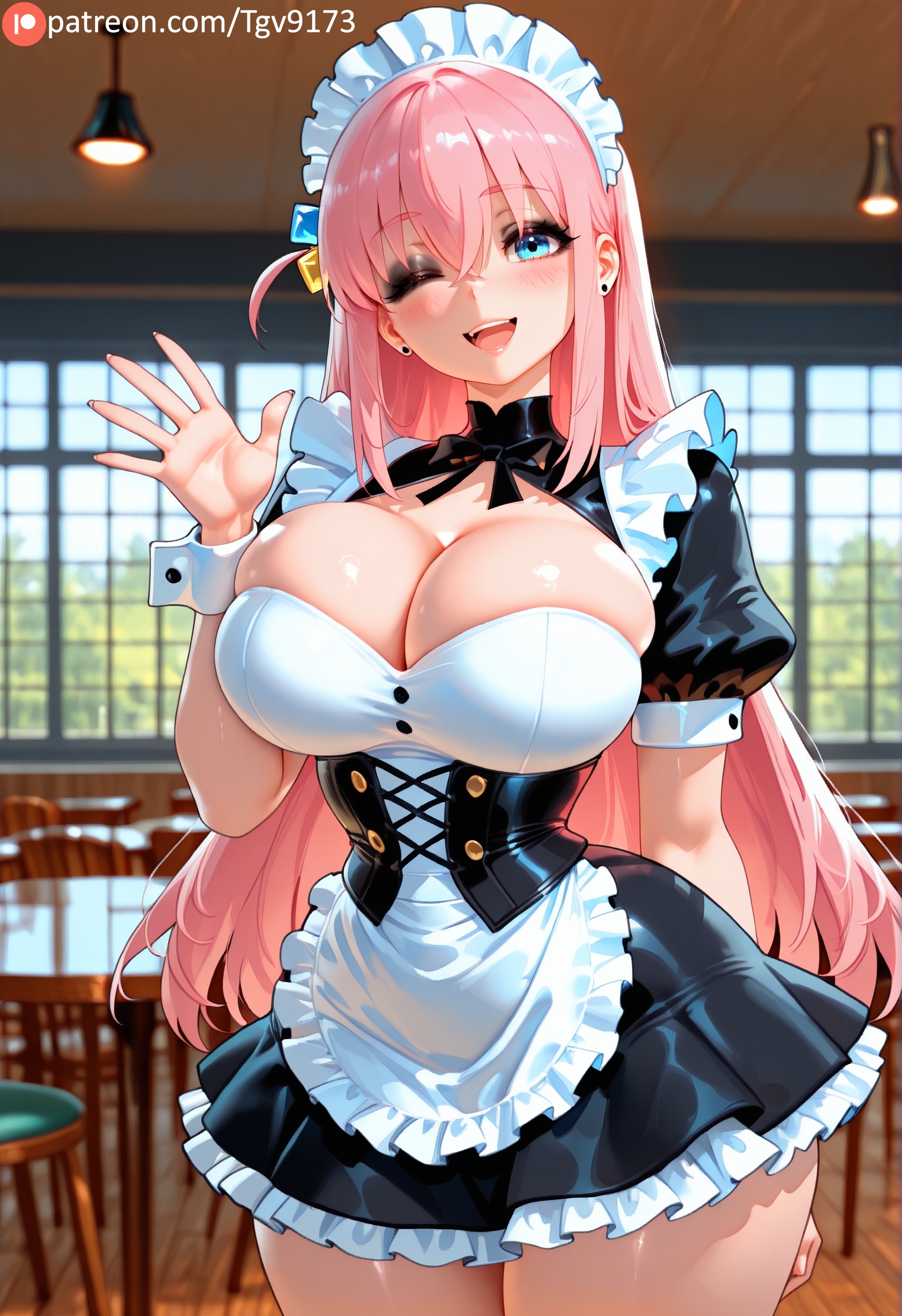 ;d, ai generated, apron, arm behind back, bangs, black bow, black dress, blue eyes, blurry, blurry background, blush, bocchi the rock!, bow, bowtie, breasts, chair, cleavage, cleavage cutout, clothing cutout, cowboy shot, dress, earrings, female, frilled apron, frilled dress, frills, goth, gotou hitori, hair between eyes, hair ornament, hand up, indoors, jewelry, large breasts, long hair, looking at viewer, maid, maid apron, maid headdress, one eye closed, open mouth, pink hair, puffy short sleeves, puffy sleeves, short dress, short sleeves, skindentation, smile, solo, standing, stud earrings, table, teeth, tgv9173, thick thighs, thighhighs, thighs, underbust, very long hair, waist apron, waving, white apron, window, wrist cuffs