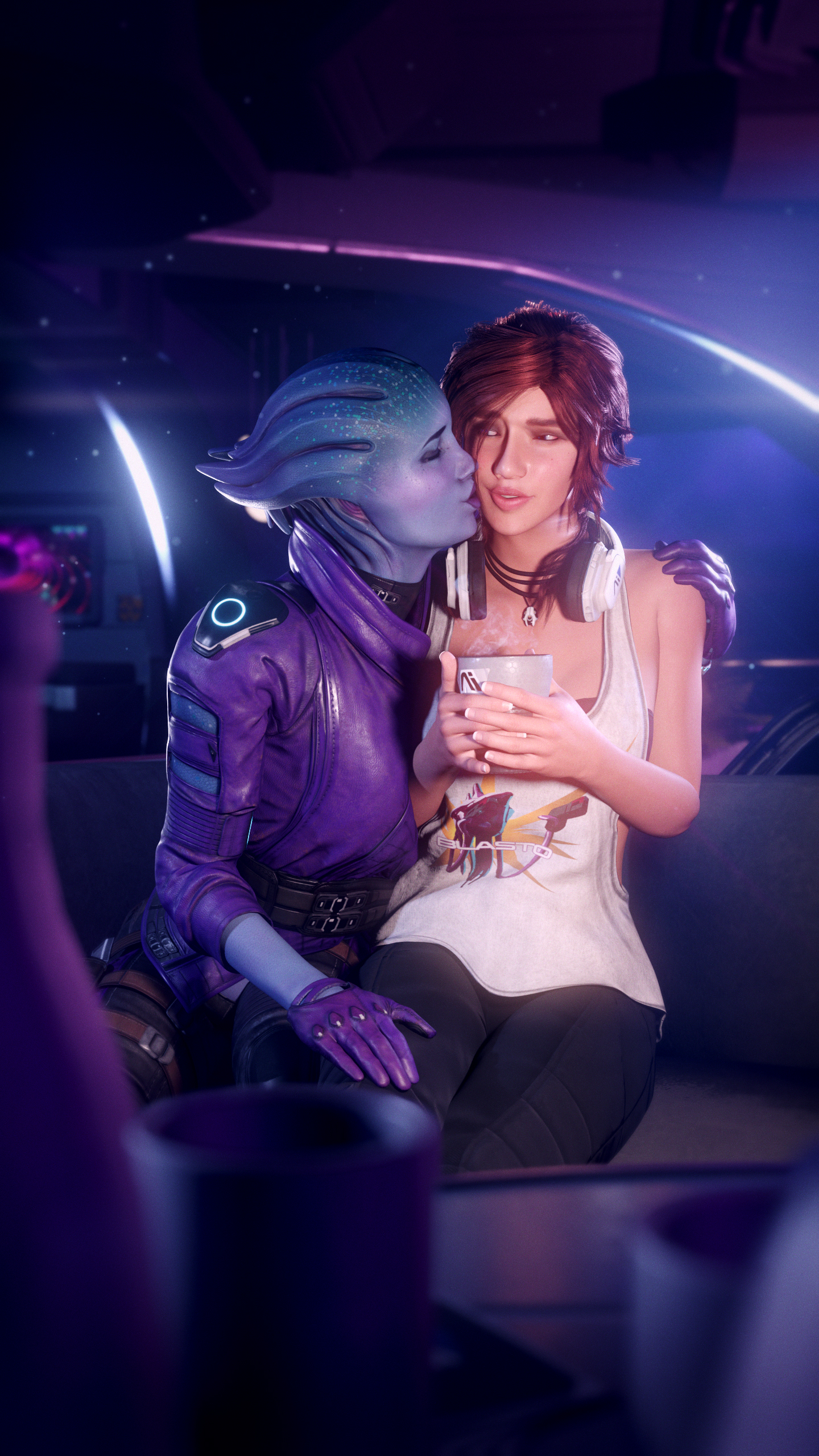 2girls, 3d, 3d render, alien, asari, bioware, blue skin, breasts, brown hair, casual, cellphone, clothing, colonelyobo, colored skin, couple, ear, female, gloves, hand on another's leg, headphones, headphones around neck, holding, imminent kiss, interspecies, jacket, jewelry, kissing, kissing cheek, lips, mass effect, mass effect (series), mass effect andromeda, medium breasts, multiple females, multiple girls, necklace, nose, pants, peebee, phone, pointed ears, portrait, purple gloves, purple skin, sara ryder, short hair, sitting, smartphone, smile, tank top, tentacle hair, wholesome, yuri