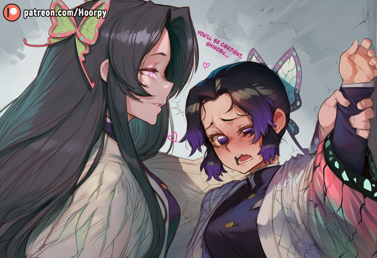 2girls, against wall, ai assisted, ai generated, assertive female, big breasts, blush, breasts, butterfly hair ornament, caption, captioned, closed mouth, clothed, clothing, comic, comic page, demon slayer, dialogue, dominant female, domination, english, english text, female, female on female, female only, female/female, grabbing, grabbing hand, half-closed eyes, heart, hoorpy, incest, indoors, japanese, kimetsu no yaiba, kochou kanae, kochou shinobu, large breasts, larger female, lesbian domination, lesbian focus, long hair, moan, moaning, motion lines, multiple females, multiple girls, open eyes, patreon, patreon logo, patreon url, patreon username, pressed against, purple hair, room, shinobu, shocked, short hair, shy, sisters, size difference, smile, smug, sound effects, submissive female, talking, talking to another, text, yuri