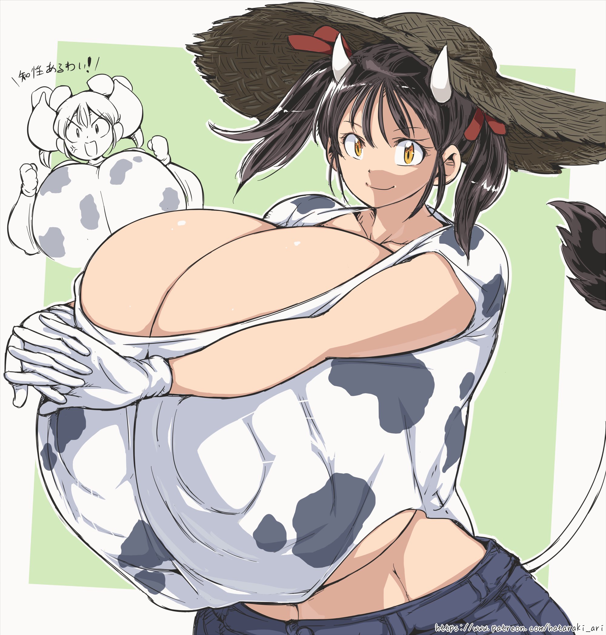 black hair, breasts, cleavage, female, fully clothed, hataraki ari, hyper breasts, orange eyes, sukimi (hataraki ari), tagme, tagme (character), twintails