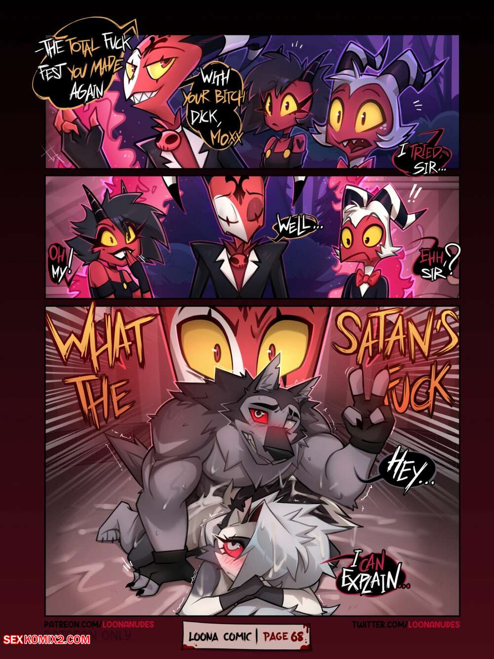 1boy 1girls anal anal_insertion anal_sex anthro anthro_on_anthro ass asshole bare_arms bare_breasts bare_legs bare_shoulders bare_thighs big_penis blitzo_(helluva_boss) breast breasts closed_eyes comic cum cum_everywhere cum_in_ass cum_inside cum_on_abs cum_on_arms cum_on_ass cum_on_back cum_on_body cum_on_legs cumming cumming_from_anal_sex cumming_in_ass cumming_inside cumming_together cumming_while_penetrated cumming_while_penetrating cumshot female fingerless_gloves furry grey_body grey_fur grey_hair hair_over_one_eye hellhound helluva_boss knot long_hair looking_pleasured loona_(helluva_boss) loonanudes male male/female male_penetrating millie_(helluva_boss) moxxie_(helluva_boss) naked naked_female naked_male nipples nude nude_female nude_male open_mouth page_68 penetration penile_penetration penis penis_in_pussy pleasure_face pussy pussy_juice sex tail thighhighs two_tone_body two_tone_fur two_tone_tail vaginal_penetration vortex_(helluva_boss) wagging_tail white_body white_fur white_skin wolf wolf_boy wolf_girl wolf_tail