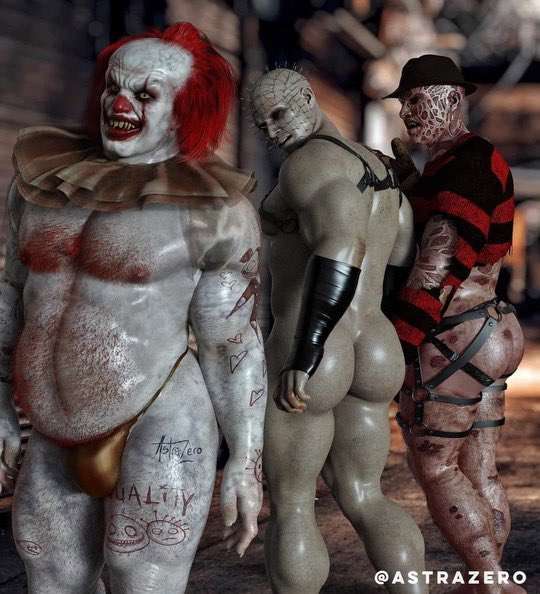 2024, 3boys, 3d, ass, astra zero, astrazero, bara, bare ass, barely clothed, bdsm, bdsm gear, big ass, bulge, clown, demon, distracted boyfriend, freddy krueger, gay, hairy, hairy male, hellraiser, horror, it, it (stephen king), male, male only, meme reference, muscular, nightmare on elm street, nipples, no visible genitalia, pennywise, pinhead, stephen king, yaoi