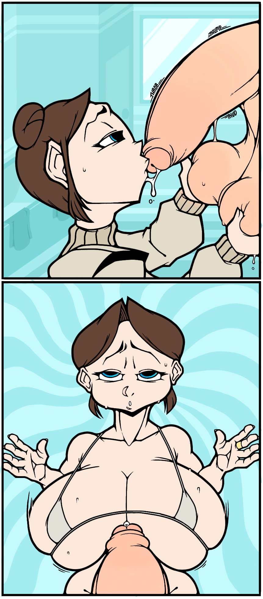 1boy, 1girls, balls, big breasts, breasts, clothed, clothing, comic, fellatio, female, female focus, huge balls, huge cock, human, hypercawk, light skin, light-skinned female, light-skinned male, male, mature female, milf, mostly nude, nude, oral, pale skin, penis, sex, solo focus, story at source