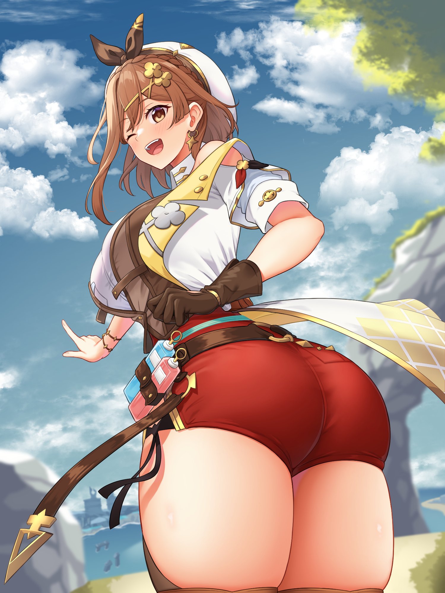 1girls, ass, ass focus, atelier (series), atelier ryza, atelier ryza 1, back view, bare shoulders, big ass, big butt, brown eyes, brown gloves, brown hair, bubble ass, bubble butt, clothed, clothed female, curvaceous, curvy, curvy female, curvy figure, day, daytime, detailed background, fat ass, female, female focus, female only, gloves, hairbow, hat, headwear, hi res, high resolution, highres, huge ass, huge butt, large ass, long hair, looking back, one eye closed, open mouth, outdoors, outside, rayral, rear view, reisalin stout, smile, smiling, smiling at viewer, solo, solo female, solo focus, tagme, thick thighs, thighs, viewed from behind, voluptuous, voluptuous female, white hat, white shirt, wink, winking, winking at viewer