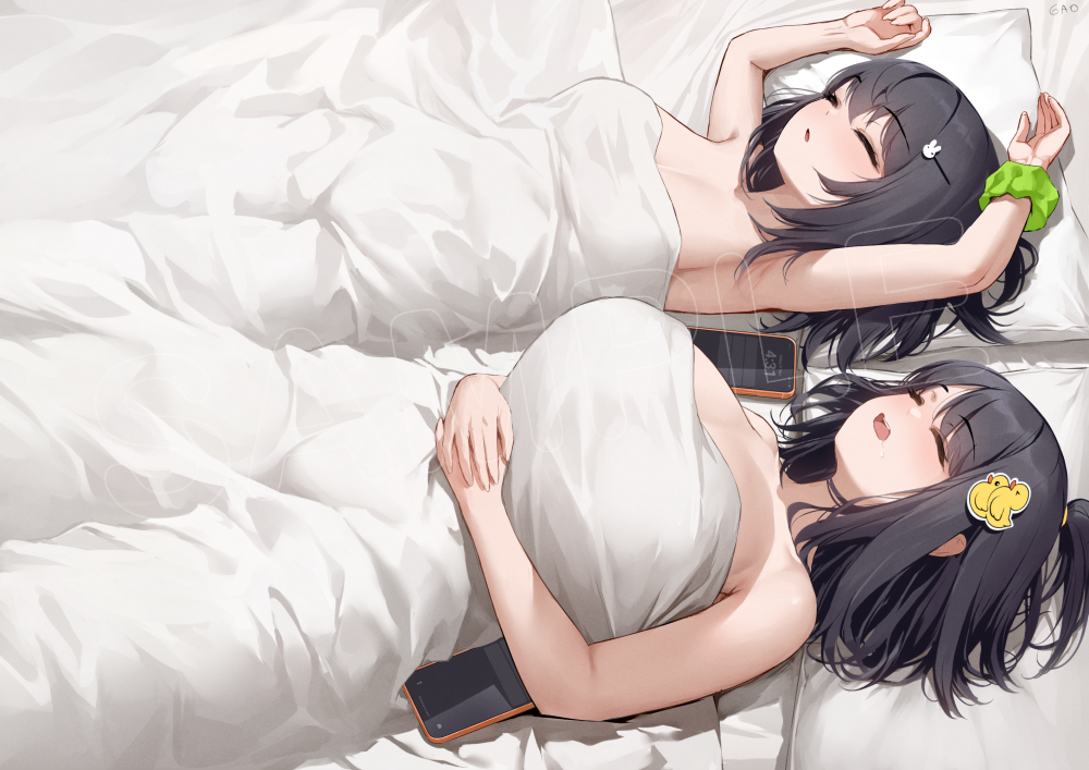 2girls, gao (gaolukchup), gao-lukchup, huge breasts, loogchoob (gaolukchup), medium breasts, on bed, original character, original characters, phone, short hair, sleeping, wanwan (gaolukchup), watermark