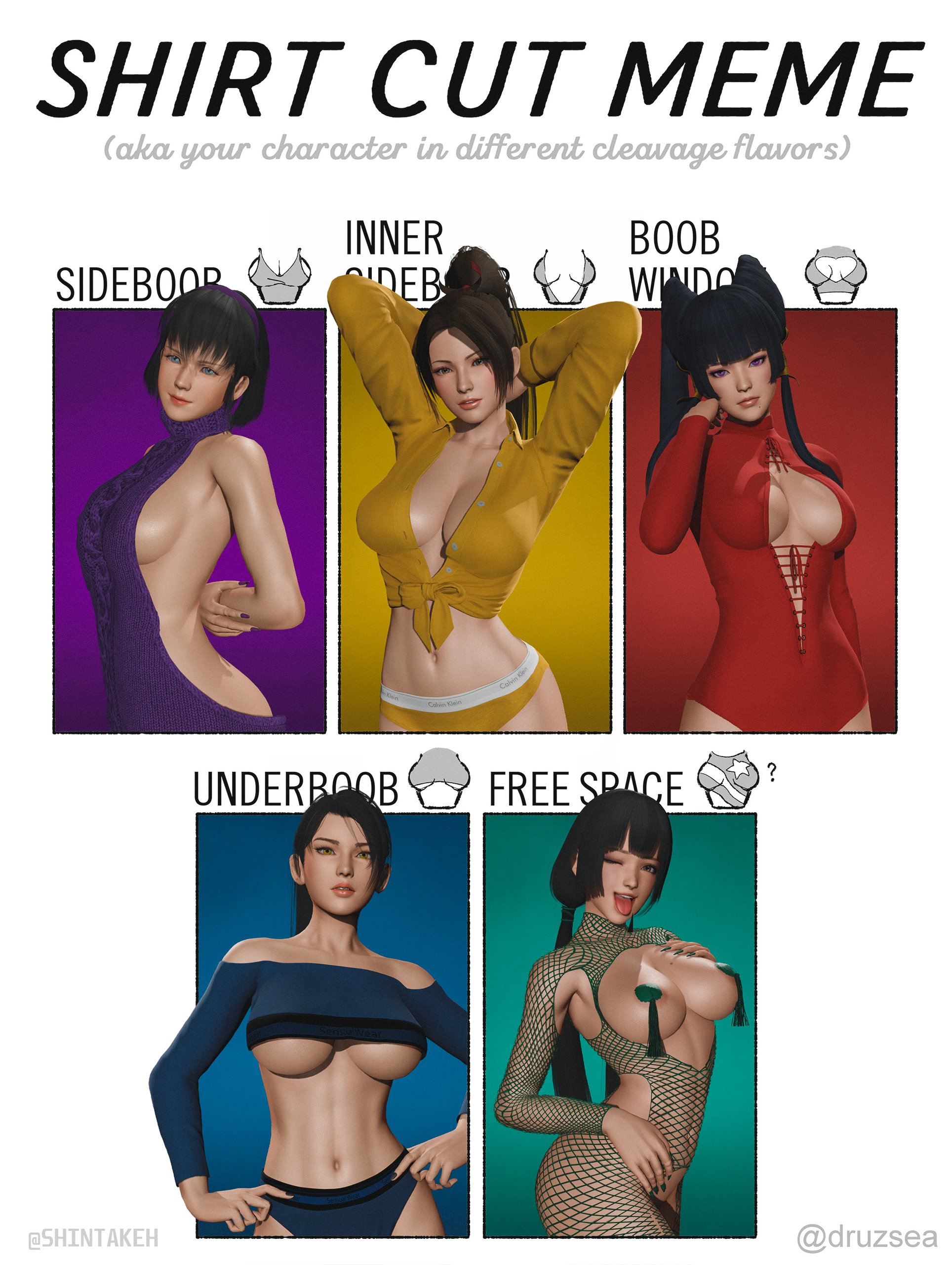 3d, 5girls, breasts, busty, dead or alive, fatal fury, female, hitomi (doa), king of fighters, mai shiranui, momiji (ninja gaiden), nipple tassels, nyotengu, rantdox, shintakeh, shirt cut meme, snk, tecmo, virgin killer sweater