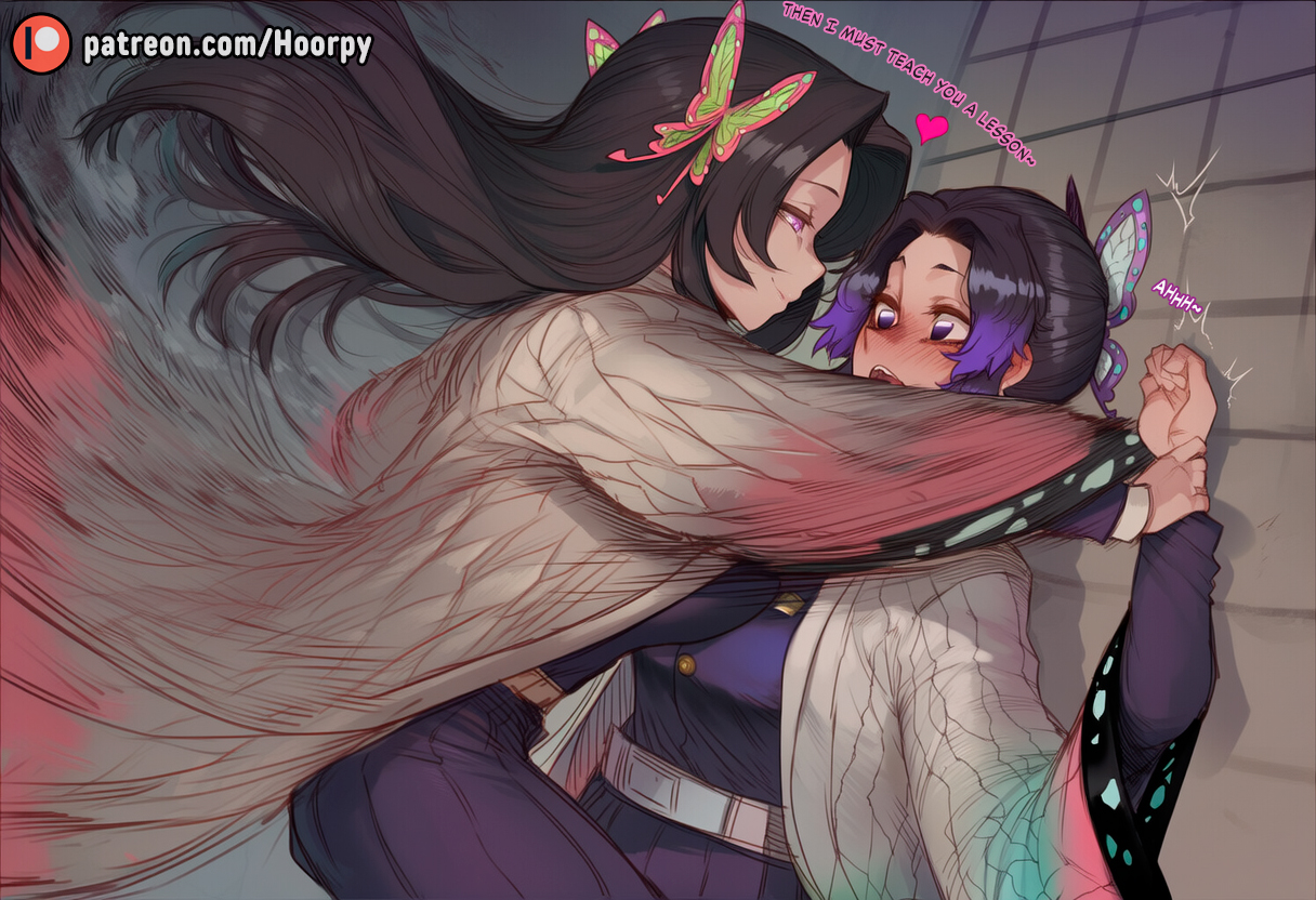 2girls, against wall, ai assisted, ai generated, assertive female, big breasts, blush, breasts, butterfly hair ornament, caption, captioned, closed mouth, clothed, clothing, comic, comic page, demon slayer, dialogue, dominant female, domination, english, english text, female, female on female, female only, female/female, grabbing, grabbing hand, half-closed eyes, heart, hoorpy, incest, indoors, japanese, kimetsu no yaiba, kochou kanae, kochou shinobu, large breasts, larger female, lesbian domination, lesbian focus, long hair, moan, moaning, motion lines, multiple females, multiple girls, open eyes, patreon, patreon logo, patreon url, patreon username, pressed against, purple hair, room, shinobu, shocked, short hair, shy, sisters, size difference, smile, smirk, sound effects, submissive female, talking, talking to another, text, yuri