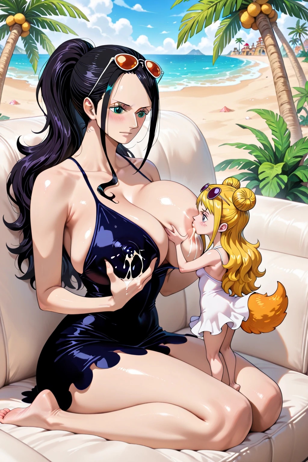 2girls, 2women, ai assisted, ai generated, areolae, beach, big breasts, black hair, blonde hair, breast fondling, breast grab, breast licking, breast size difference, breast sucking, breast worship, breasts, breasts sucking, chupando tetas, coconut tree, curvy female, curvy woman, dress, drinking breastmilk, dwarf, fairy, female, female only, female/female, holding breast, huge breasts, lactating, lactation, large areolae, le style anon, lesbian focus, lesbian pleasure, long hair, looking at partner, looking pleasured, mansherry, milf, milk, milking, nico robin, nico robin (dressrosa), ocean, one piece, palm tree, pleasure face, pointy ears, sand, sea, size difference, small breasts, sofa, sucking huge breast, sucking nipples, suckling, tail, taller woman, tetas grandes, thin female, tiny female, tiny human, tontatta dwarf, tree, tropical, tropical setting, white dress, wings, woman sucking breast, young woman, young women, yuri