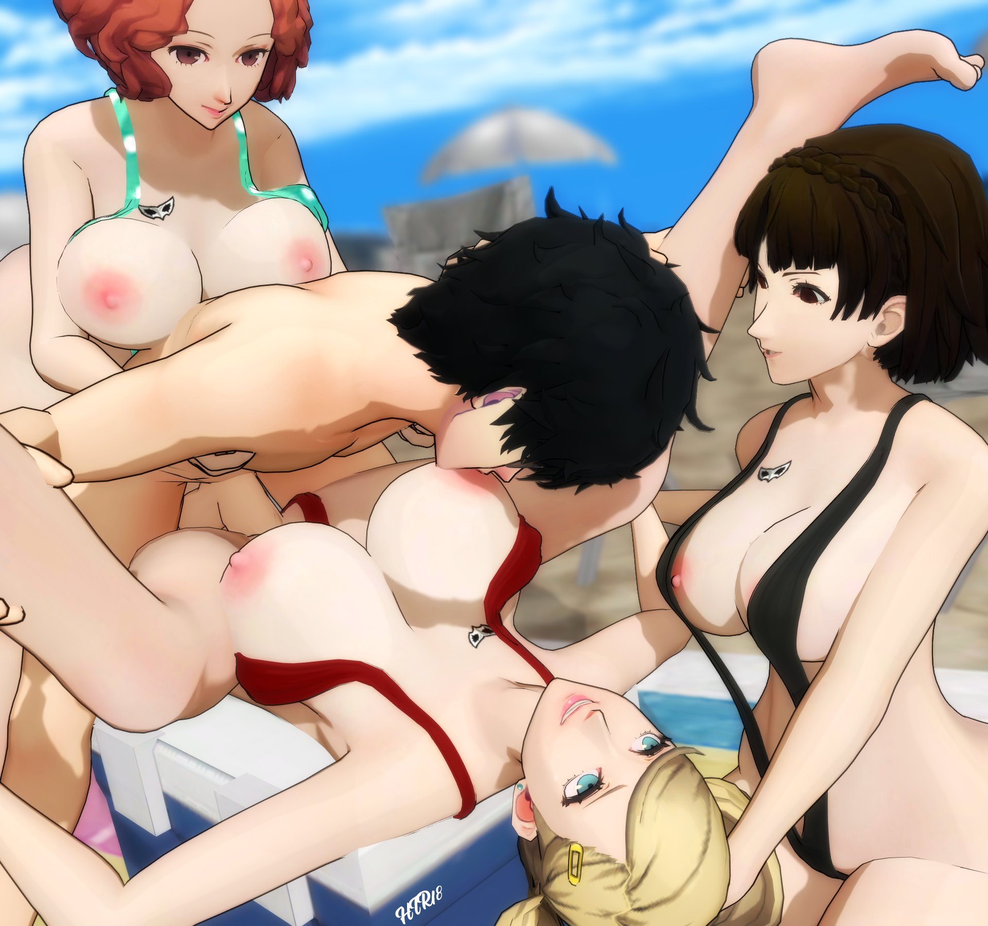 3d, ann takamaki, beach, big breasts, big penis, breasts, female, harem, haru okumura, htr18, joker (persona), makoto niijima, male, male/female, penetration, penis, persona, persona 5, ren amamiya, sex, sucking nipples, tagme