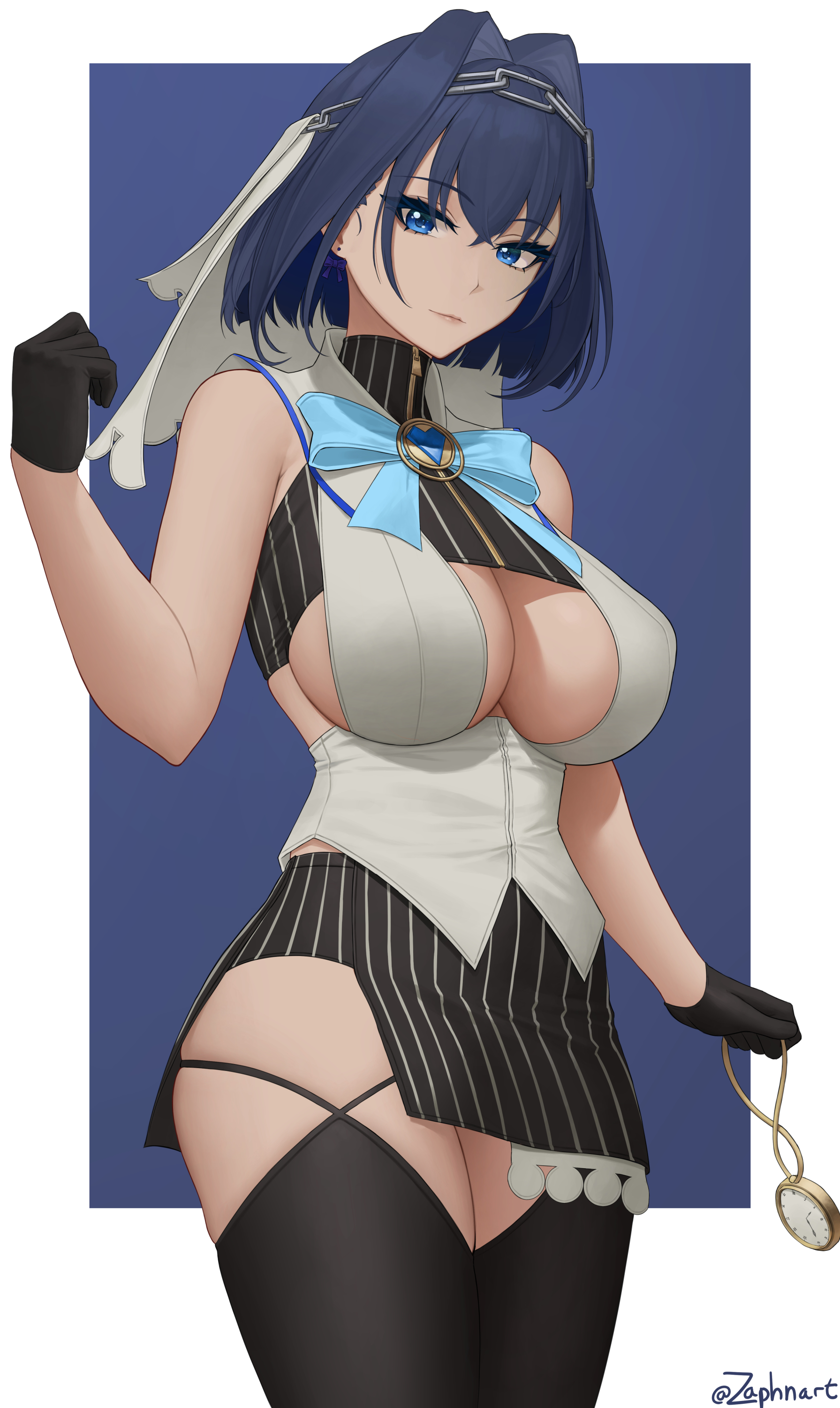1girls, big breasts, blue eyes, blue hair, boob window, breasts, cleavage, female, female only, gloves, hololive, hololive english, hololive english -council-, hololive english -promise-, large breasts, looking at viewer, miniskirt, ouro kronii, short hair, skirt, solo, solo female, thick, thick thighs, thighhighs, virtual youtuber, voluptuous, zaphn