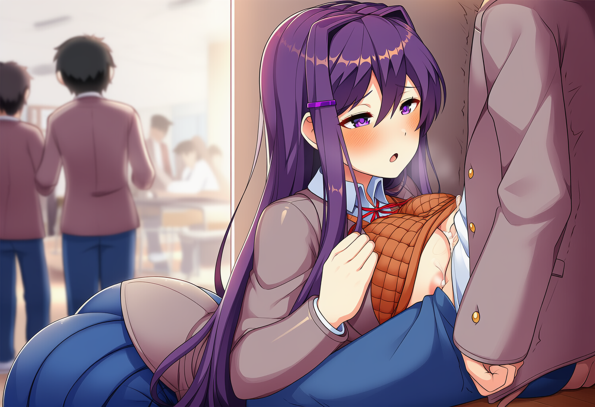 ai generated, behind view, cumshot, doki doki literature club, female, hiding, original characters, paizuri, public, purple hair, yuri (doki doki literature club)