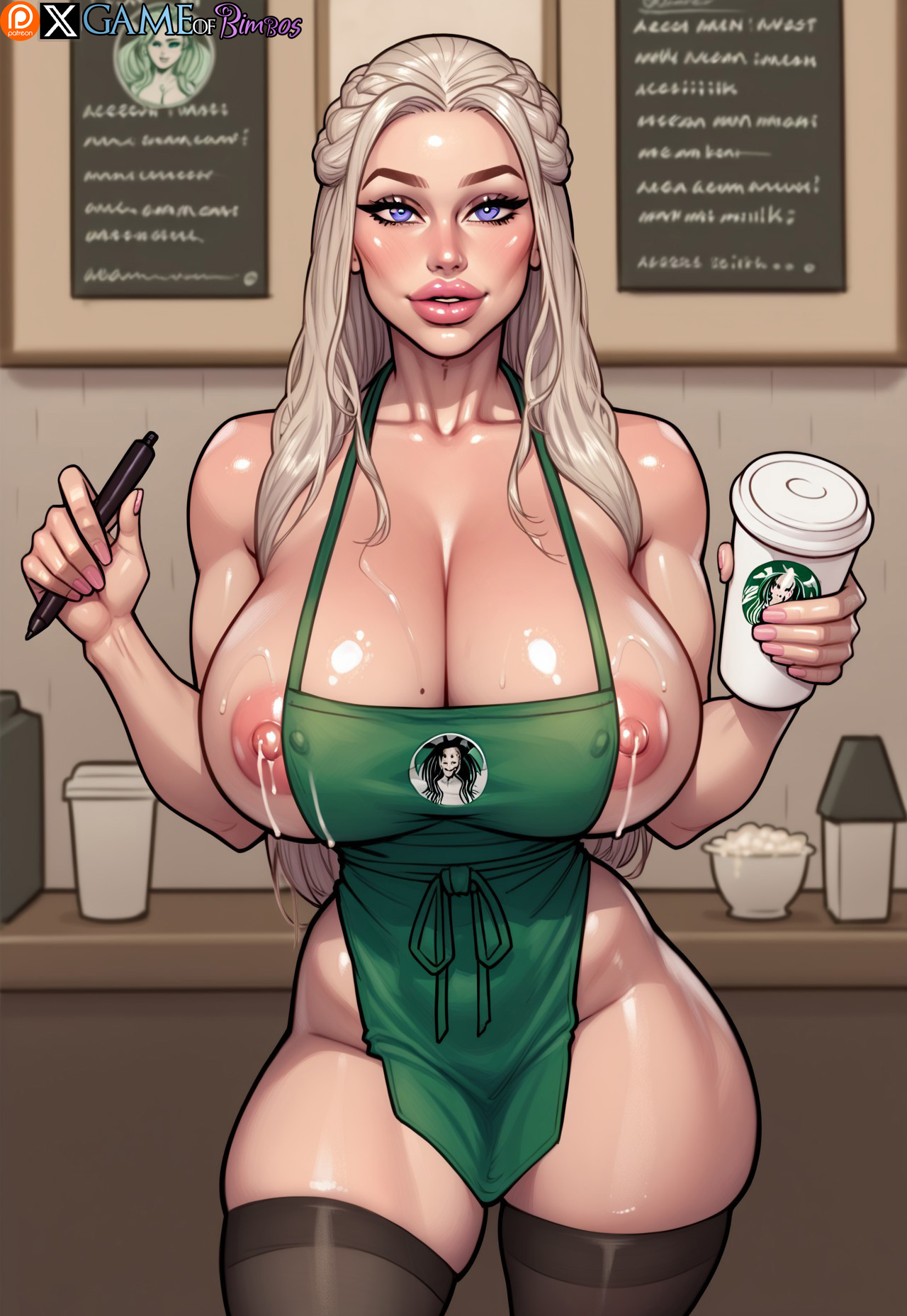 1girls, 2d, 2d (artwork), 2d artwork, ai generated, apron only, barista, big breasts, bimbo, bimbo body, bimbo lip, bimbo lips, bimbofied, blue eyes, breasts, cup, daenerys targaryen, emilia clarke, female, female focus, female only, game of thrones, gameofbimbos, holding cup, holding object, holding pen, iced latte with breast milk, indoors, lactating, lactating nipples, lactation, lactation without stimulation, looking at viewer, modern au, mole, mole on breast, nipple slip, nipples visible through clothing, plump lips, seducing, seductive, seductive eyes, seductive gaze, seductive look, seductive pose, seductive smile, skimpy, skimpy clothes, smile, smiling, smiling at viewer, solo, solo female, starbucks, stockings, turned around, valyrian