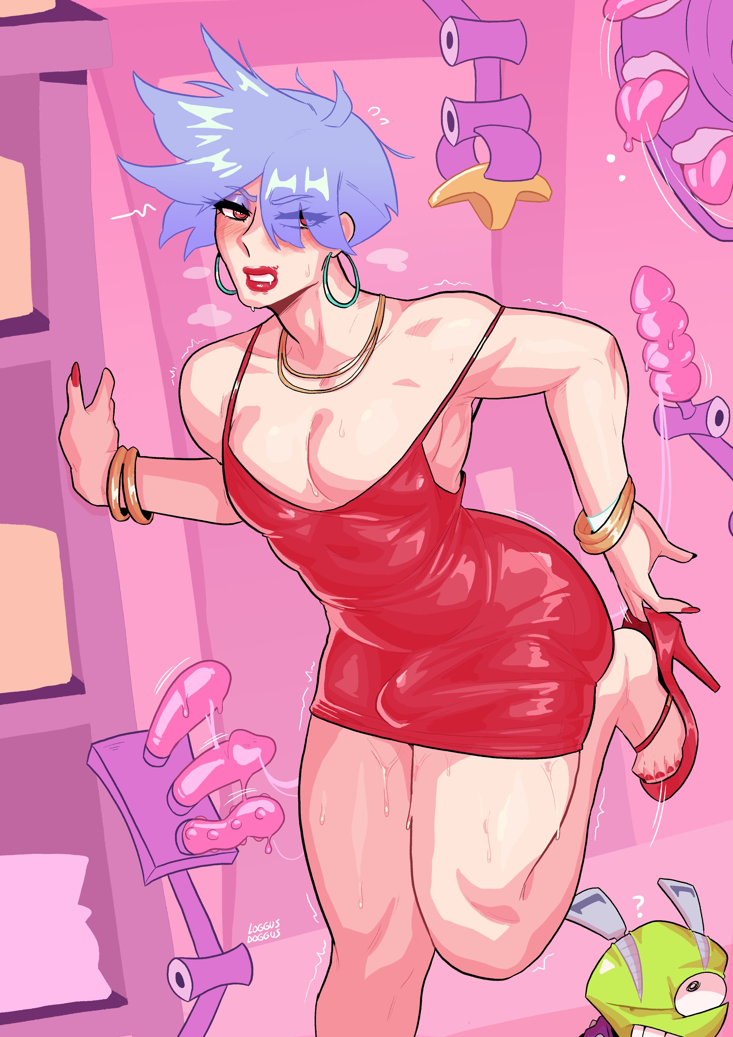 1boy, blue hair, blush, bulge, canon crossdressing, chuck (psg), crossdressing, dildo, femboy, human, latex, latex dress, loggus doggus, makeup, male, male only, panty & stocking with garterbelt, panty anarchy (cosplay), polyester (psg), sex machine, short hair, solo, solo male