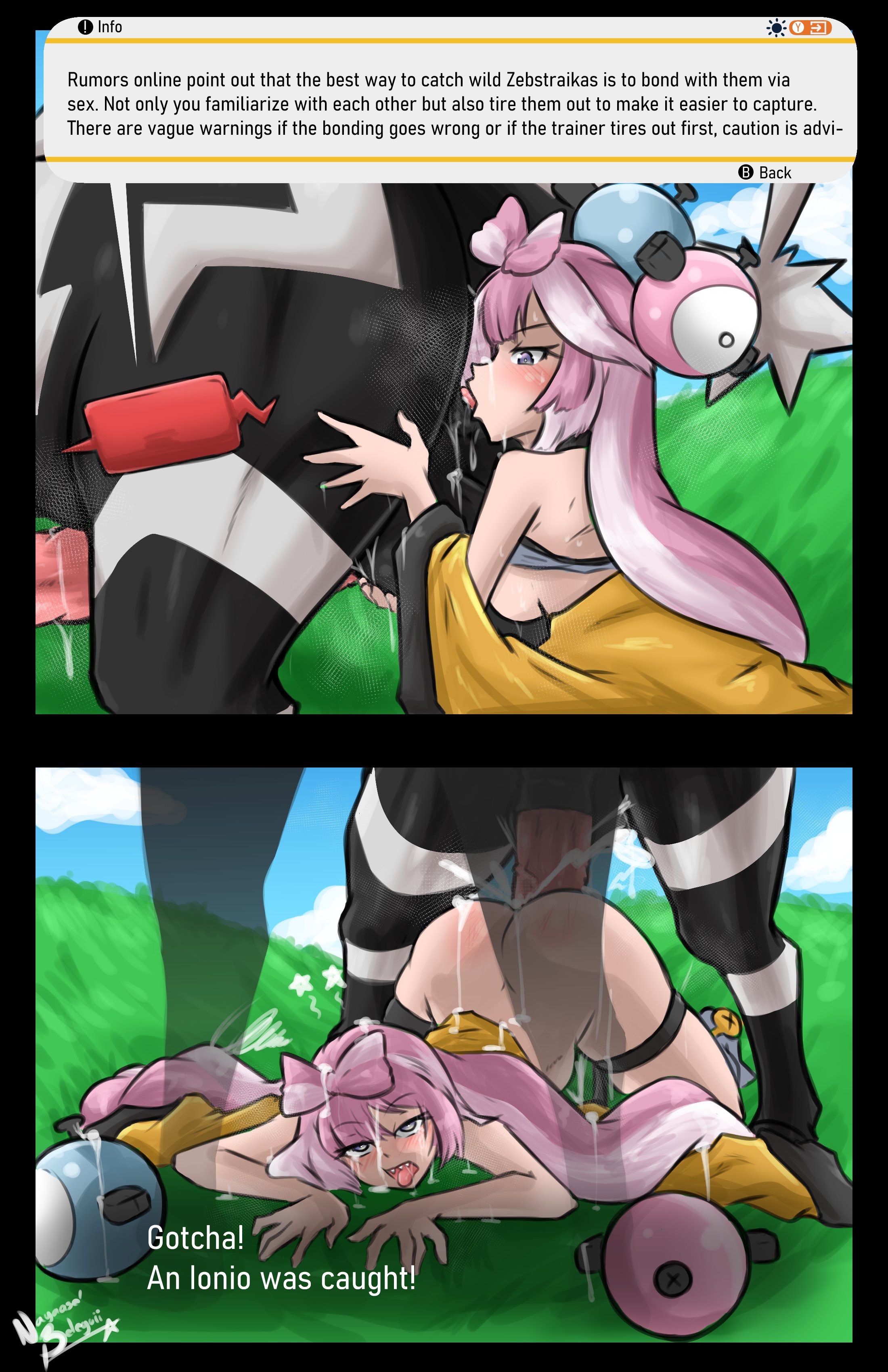 1boy, 1girls, 1pokemon, 2koma, absurd res, ahe gao, ahegao face, all fours, ambiguous penetration, animal genitalia, animal penis, ass, ass up, balls, balls fondling, beast rimming, before and after, blush, cum, cum inside, cum on body, cum on face, cum on hair, cupping balls, english text, equine, equine genitalia, equine penis, face down ass up, fainted, female, female on feral, female rimming male, feral, feral on female, feral on human, fondling balls, game freak, grass, head down ass up, horse, horse penis, horsecock, human, human female, human on feral, iono (pokemon), licking, licking anus, light skin, light-skinned female, long hair, male, nayaase beleguii, outdoor sex, outdoors, penis, pink hair, pokemon, pokemon (species), pokemon sv, pokephilia, rimjob, rimming, rimming horse, sex, sex from behind, sharp teeth, text, tongue, tongue out, top-down bottom-up, zebstrika, zoophilia