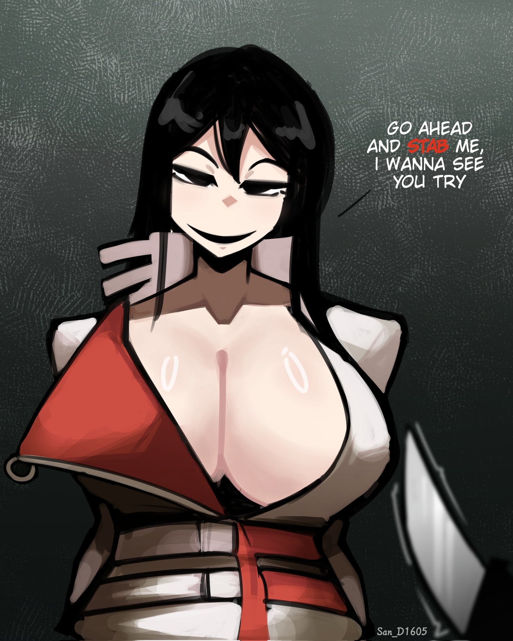 1girls, artist name, breasts, cleavage, eldritch horror, english text, female, female focus, how to date an entity (and stay alive), huge breasts, mrs (how to date an entity (and stay alive), san d1605, tagme, talking to viewer