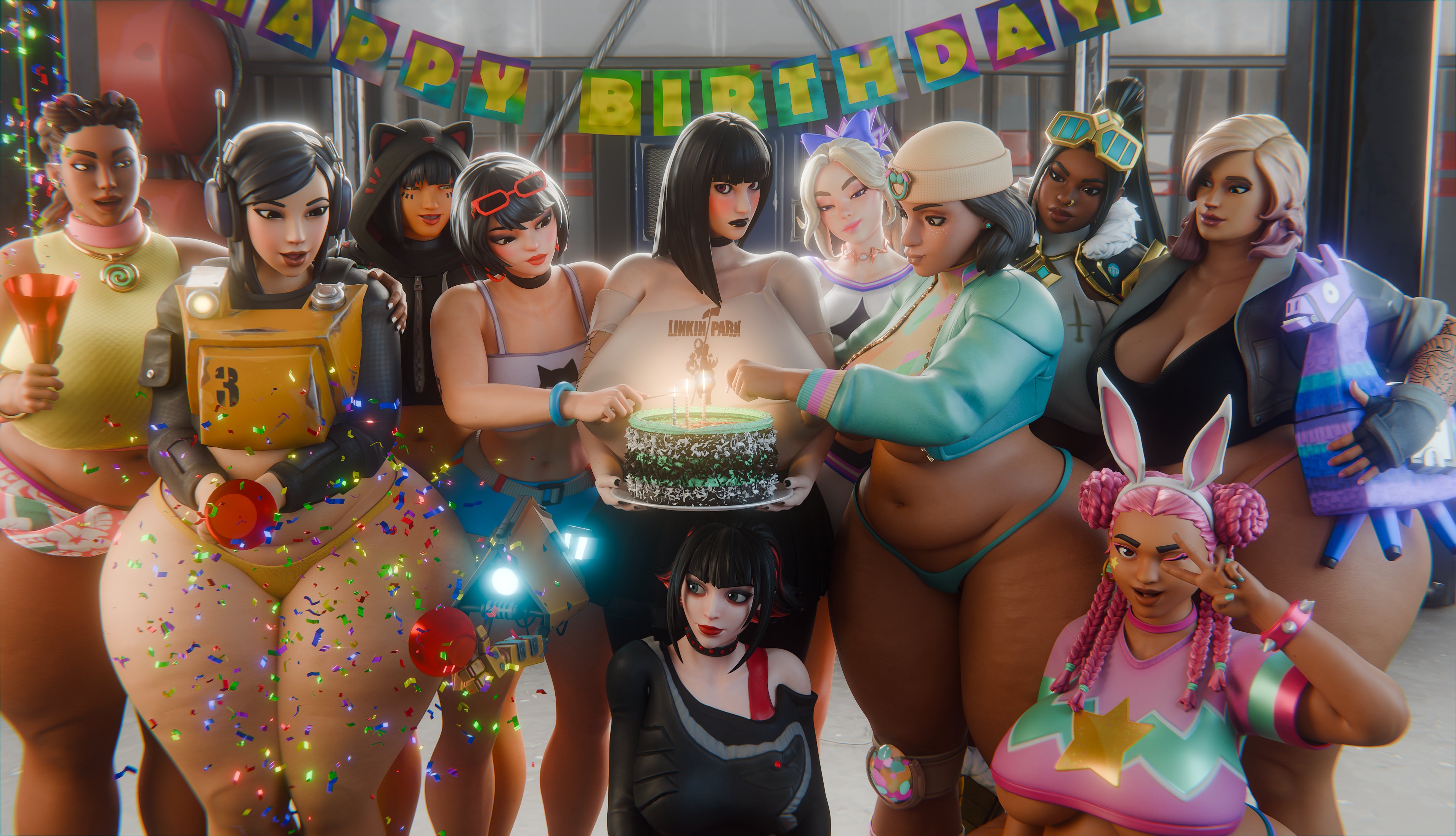 3d, agata (fortnite), belly, big breasts, big thighs, birthday cake, birthday party, blonde female, blonde hair, breasts, brown hair, brunette female, charlotte (fortnite), chubby, chubby female, cleavage, codi cottontail, evie (fortnite), female, female only, fortnite, fortnite: battle royale, fortnite: save the world, haylee skye (fortnite), jaina (fortnite), leilani (fortnite), machinist mina, morgan myst (fortnite), opal (fortnite), penny (fortnite), superhentaimaster9000, tagme, underwear