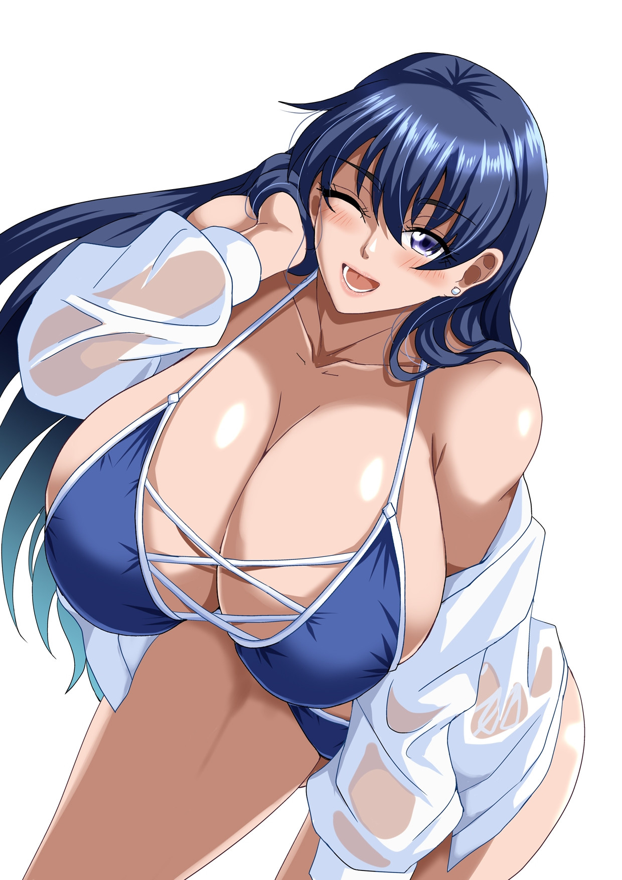 alternate breast size (larger), arato nagi, armpit crease, bikini, blue bikini, blue eyes, blue hair, blush, breasts, commentary request, ear piercing, eyebrows hidden by hair, female, hair between eyes, hand in own hair, hanging breasts, highres, huge breasts, jacket, leaning forward, long hair, looking at viewer, lower teeth only, mifune seijirou, one eye closed, open mouth, piercing, ruri no houseki, simple background, smile, solo, swimsuit, teeth, wet jacket, white background, white jacket