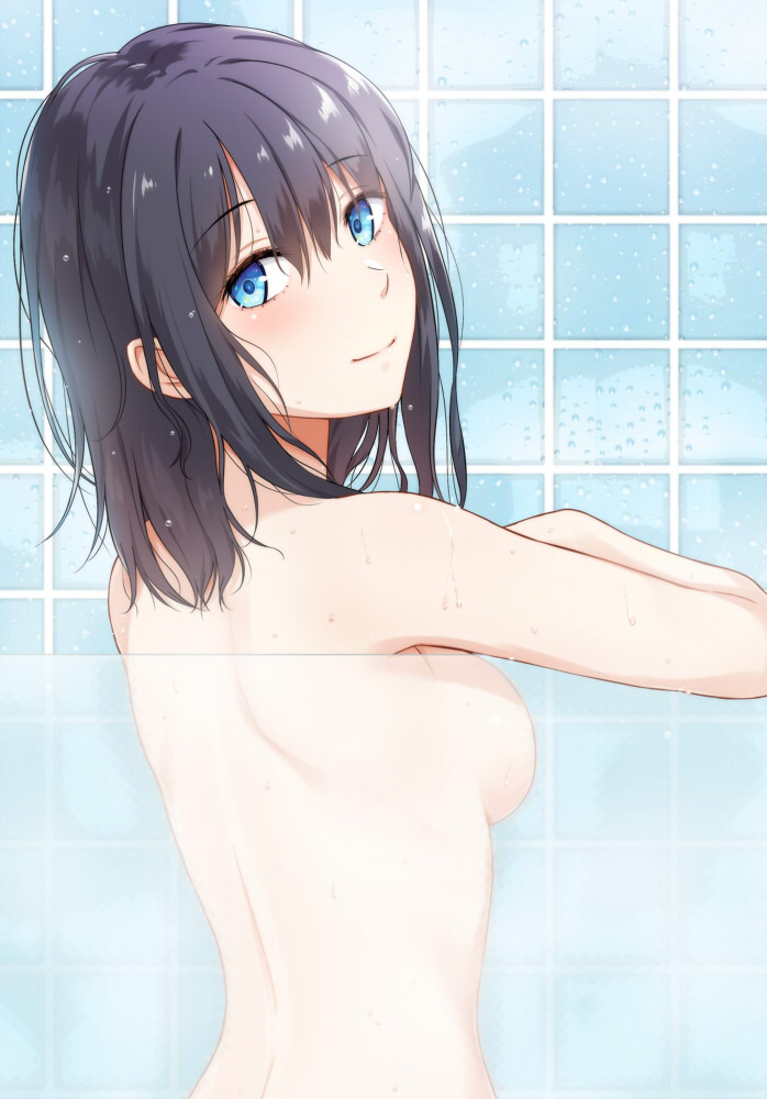 1girls black_hair blue_eyes breasts completely_nude completely_nude_female eyebrows_visible_through_hair female from_behind hair_between_eyes kanden_suki looking_at_viewer looking_back medium_breasts nude original see-through short_hair shower_(place) smile solo tile_wall tiles upper_body water_drop