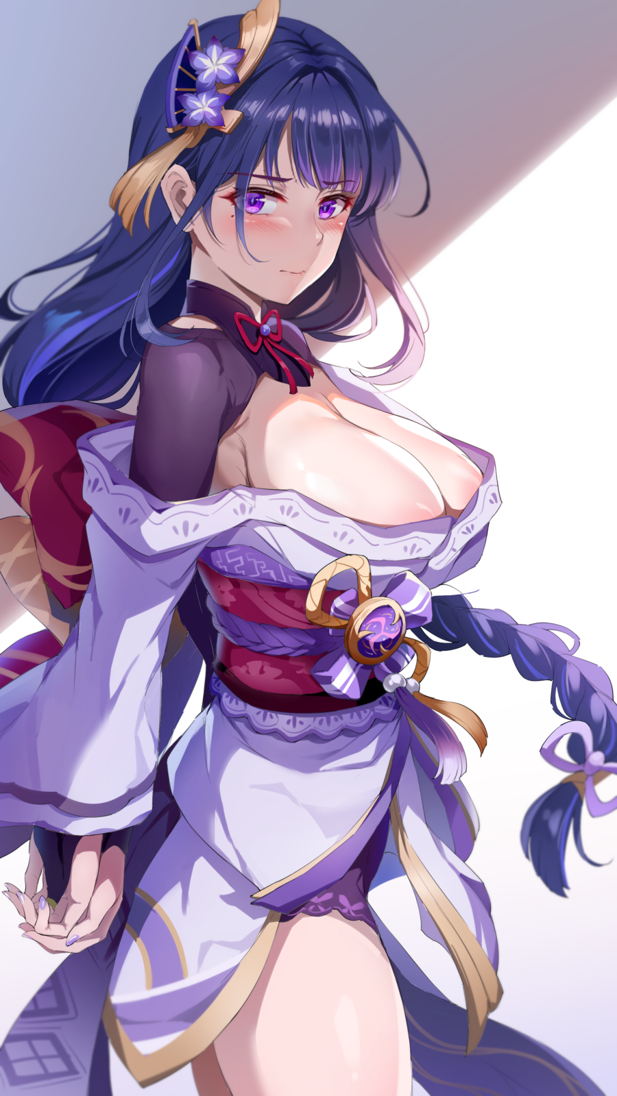 1girls blush braid cleavage female female_only genshin_impact large_breasts long_hair miazi mole mole_under_eye purple_eyes purple_hair raiden_shogun solo thick thighs voluptuous