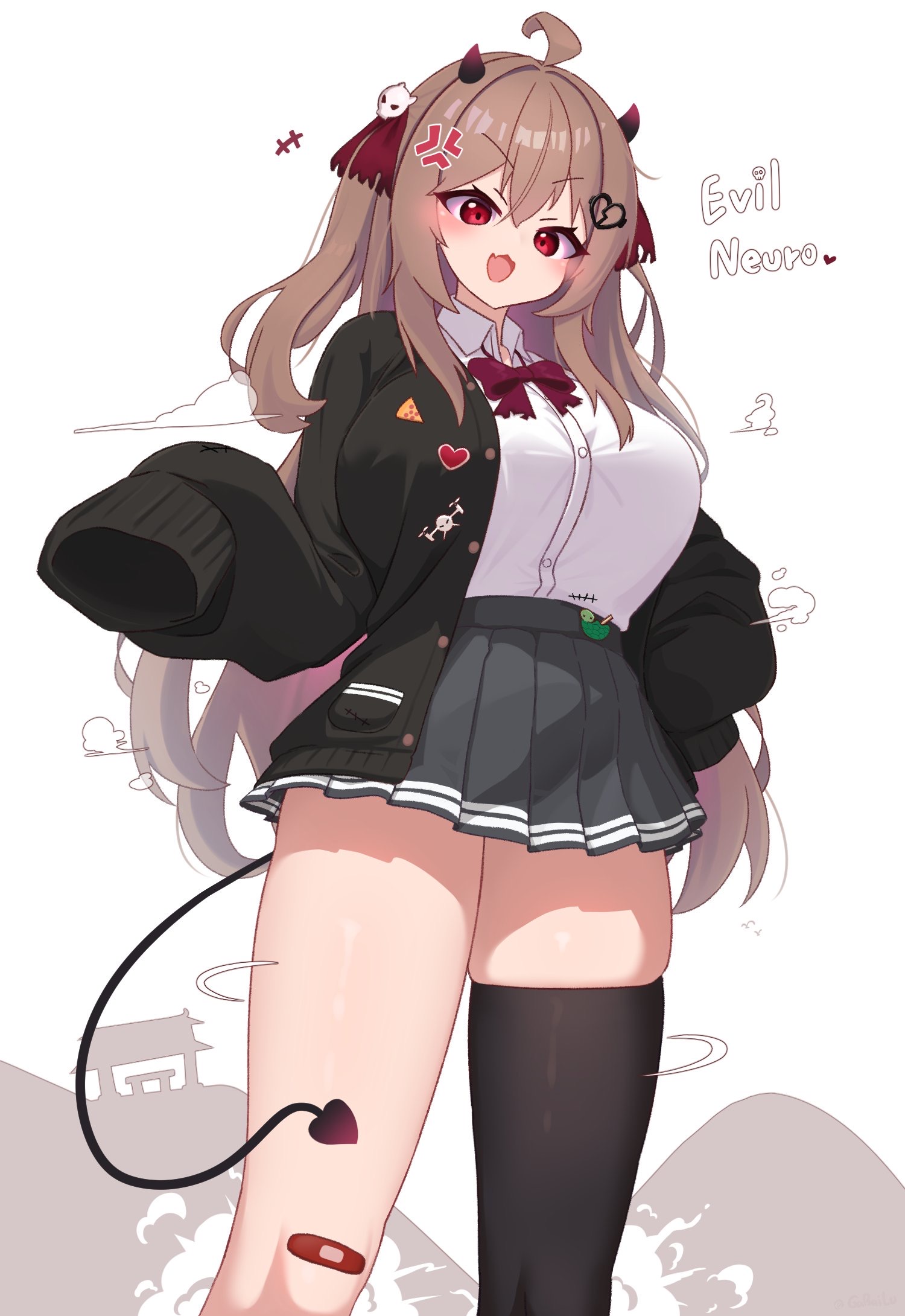 big breasts, blush, breasts, evil neuro, female, gabai, horns, indie virtual youtuber, oversized clothes, red eyes, text, thick thighs, virtual youtuber, vtuber
