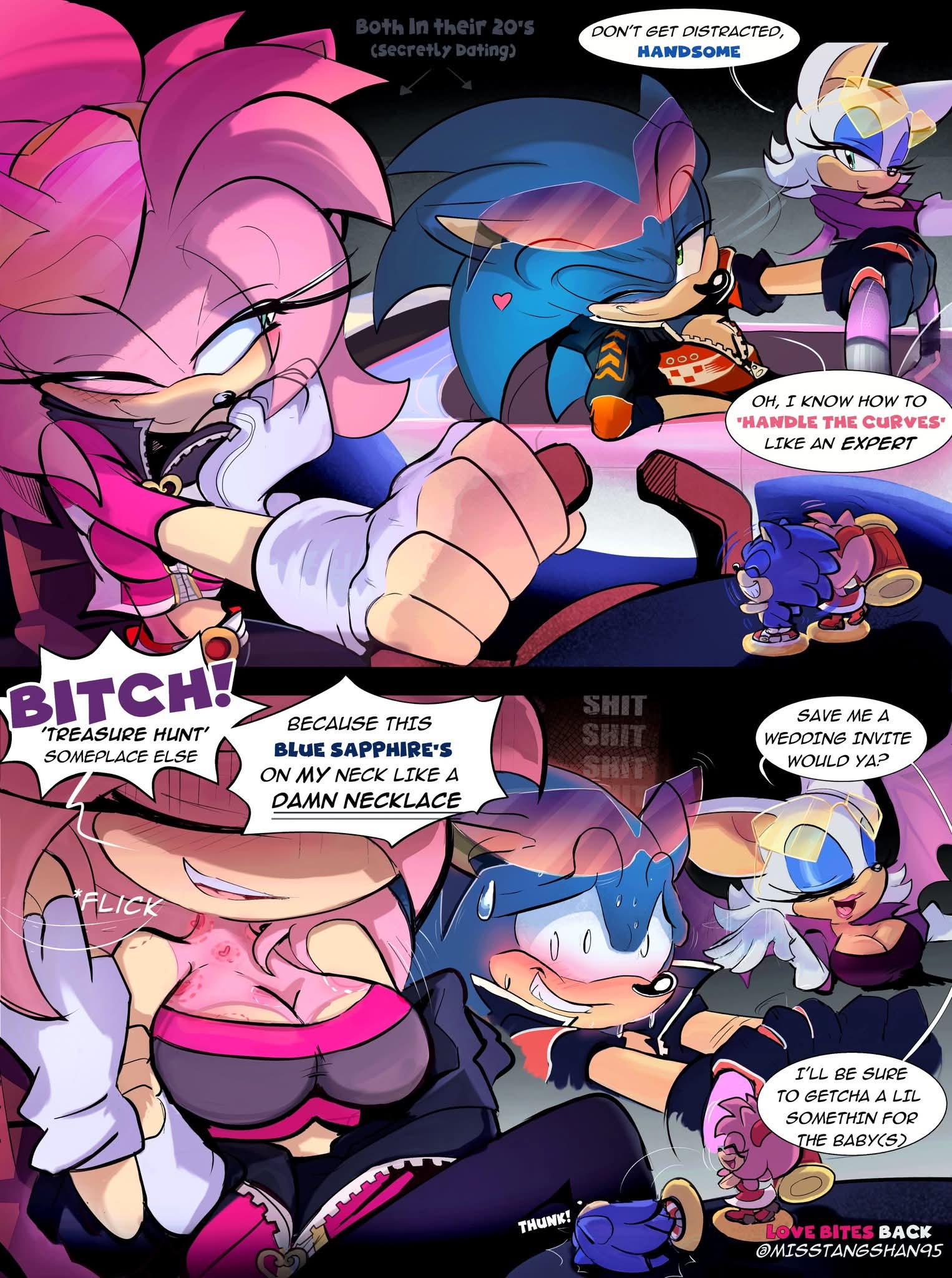 1boy, 2girls, aged up, amy rose, bite marks, blushing, bobblehead, couple, female, flicking hair, flustered, male, misstangshan95, multiple girls, rouge the bat, sonic (series), sonic racing crossworlds, sonic the hedgehog, sonic the hedgehog (series), sunglasses, sunglasses on head, unzipped, wholesome, zipper