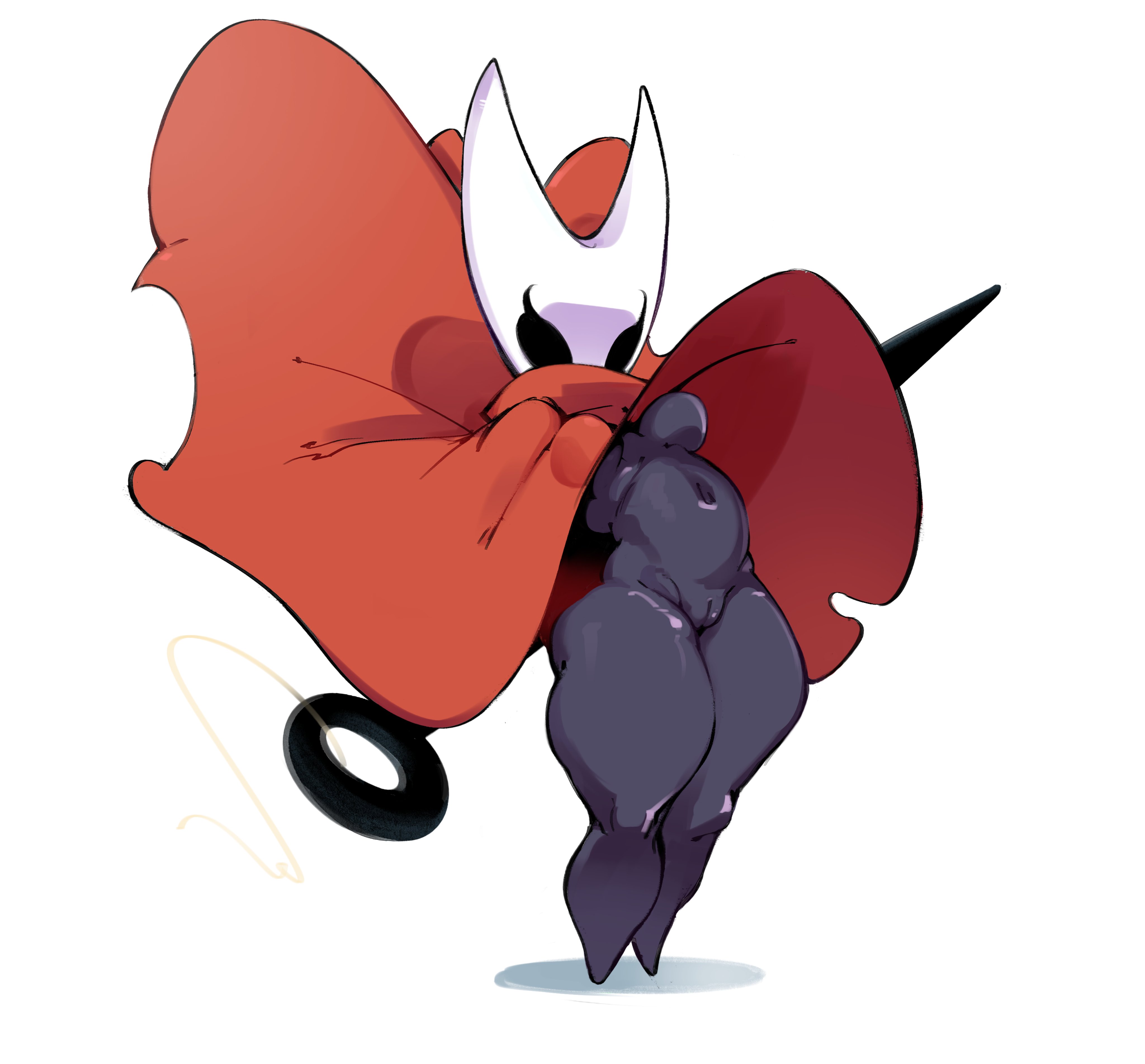 1girls, 2 horns, accidental exposure, alternate body type, alternate breast size, arthropod, artist name, ass, big ass, big breasts, big butt, black body, black skin, bottomless, breasts, bubble ass, bubble butt, bug, bug girl, cloak, cloak only, dark skin, exposed breasts, featureless breasts, female, female only, functionally nude, hollow knight, hollow knight: silksong, hornet (hollow knight), large ass, large breasts, large butt, mantle, mask face, navel, object behind back, red clothing, silksong, solo, solo focus, team cherry, thick thighs, thread, twenty (2enty), twenty 2, weapon, wide hips, young, young female