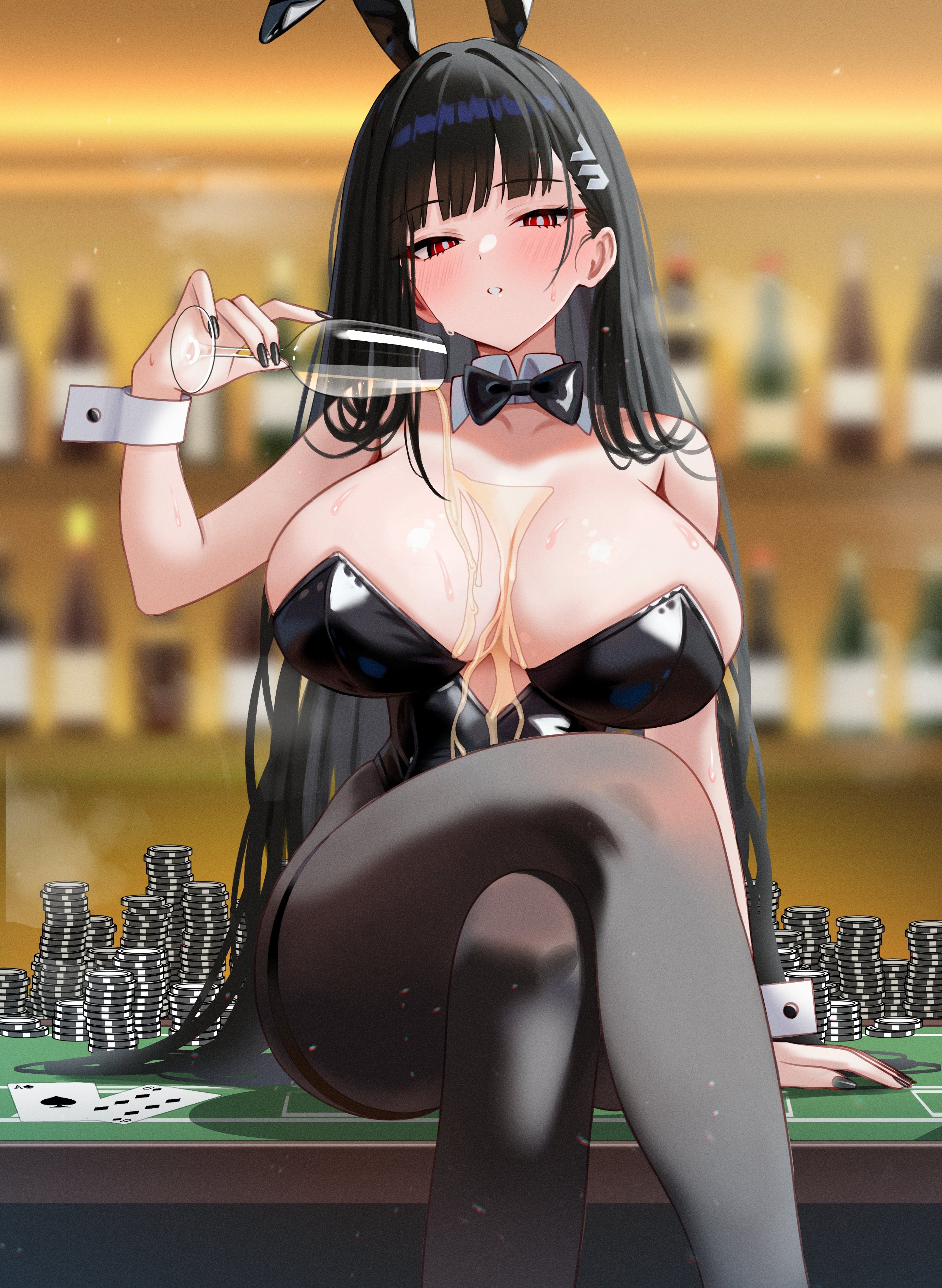 1girls, 2d, 2d (artwork), 2d artwork, big breasts, black hair, black nails, blue archive, blurred background, blush, breasts, breasts apart, breasts bigger than head, bunny ears, bunny girl, bunnysuit, cleavage, cleavage overflow, crossed legs, curvy, curvy body, curvy thighs, female, hair ornament, hair over shoulder, hi res, highres, hourglass figure, huge breasts, large boobs, large breasts, legwear, light skin, light-skinned female, long hair, looking at viewer, mizikayo, necktie, poker table, red eyes, rio (blue archive), shiny, shiny body, shiny breasts, shiny clothes, shiny hair, shiny skin, sideboob, smooth skin, spilled drink, spilling, spilling drink, sweat, sweating, tagme, thick thighs, thighs, wide hips, wrist cuffs