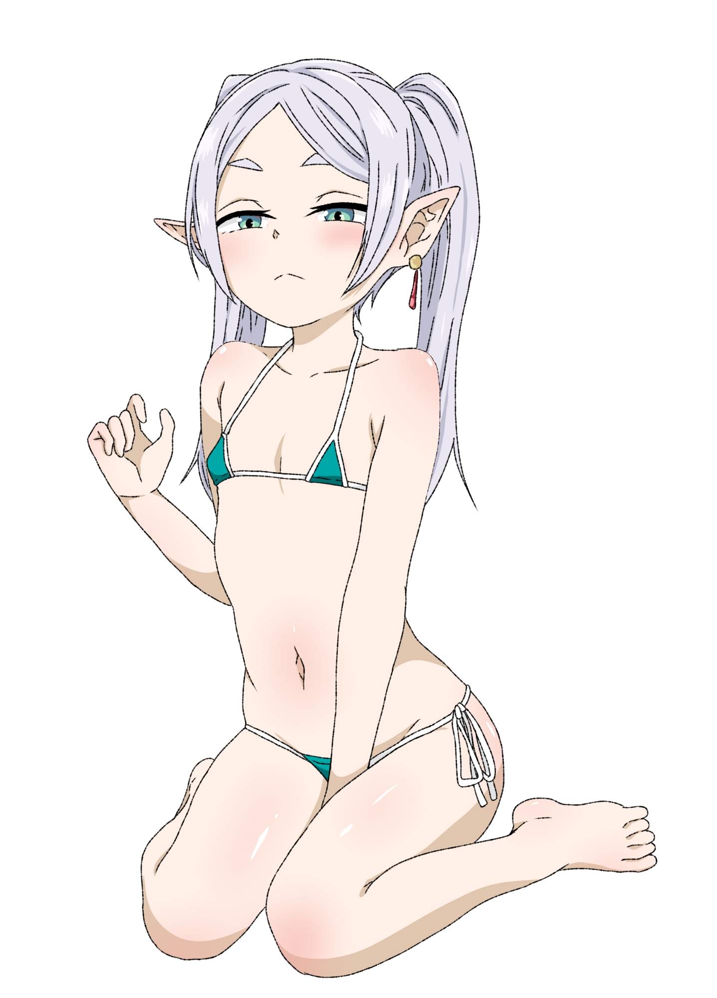 1girls, adult, adult female, ankake pasta, ankles, bare belly, bare calves, bare chest, bare hands, bare hips, bare knees, bare legs, bare midriff, bare navel, bare shoulders, bare thighs, barefoot, belly, belly button, bikini, bikini bottom, bikini only, bikini top, breasts, calves, collarbone, digital, digital art, digital drawing, digital drawing (artwork), digital media, digital media (artwork), ear piercing, earrings, elf, elf ear, elf ears, elf female, elf girl, exposed arms, exposed belly, exposed chest, exposed hips, exposed legs, exposed midriff, exposed navel, exposed shoulders, exposed skin, exposed thighs, exposed toes, feet, female, female focus, female only, fingers, flat belly, flat breasts, flat chest, flat chested, frieren, full body, green bikini, green bikini bottom, green bikini top, green eyes, green string bikini, green swimsuit, green swimwear, green-eyed female, groin, half naked, half nude, half-closed eyes, halterneck, hand between legs, hand between thighs, high resolution, highres, knees, lean figure, legs, legs folded, long hair, looking at viewer, mature, mature female, midriff, naked, naked female, naked woman, narrow waist, navel, nipple bulge, nude, nude female, nudity, parted bangs, petite, petite body, petite breasts, petite female, petite tits, pierced ear, pointy ears, seiza, semi nude, shoulders, side-tie bikini, simple background, sitting, sitting on floor, sitting on knees, slender body, slender waist, slim waist, small breasts, smooth chest, solo, sousou no frieren, string bikini, swimsuit, swimwear, thighs, toes, twintails, twintails (hairstyle), wariza, white background, white eyebrows, white hair, white-haired female