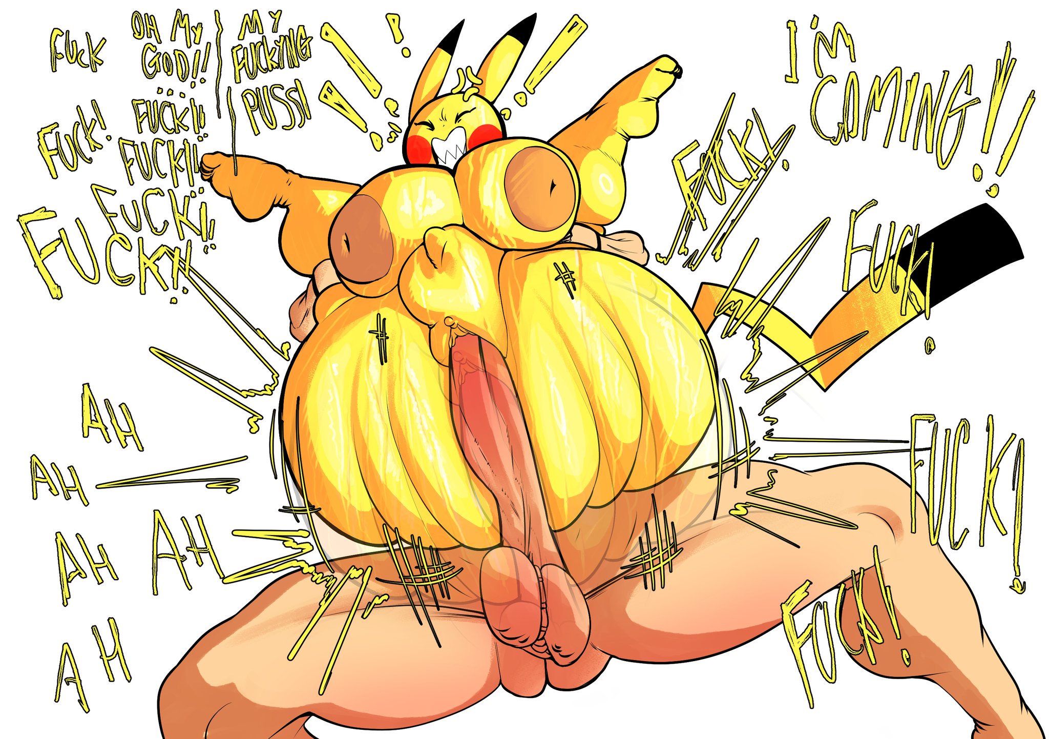 1boy, 1girls, angry, anthro, areolae, ass, ass bigger than head, balls, big areola, big ass, big balls, big breasts, big butt, big penis, bottom heavy, breasts, breasts bigger than head, bubble butt, clenched teeth, closed eyes, curvaceous, curvy, curvy figure, dialogue, english text, female, furry, game freak, huge ass, huge breasts, huge cock, human, human on anthro, interspecies, inverted nipples, legs up, male, nintendo, north star 500, nude, onomatopoeia, penis, pikachu, pokemon, pokemon (species), pokephilia, pussy, reverse suspended congress, rodent, rough sex, stomach bulge, sweat, sweating, sweaty, sweaty body, sweaty breasts, sweaty butt, sweaty thighs, tail, text, thick thighs, unseen male face, vaginal penetration, voluptuous, voluptuous female, white background, wide hips