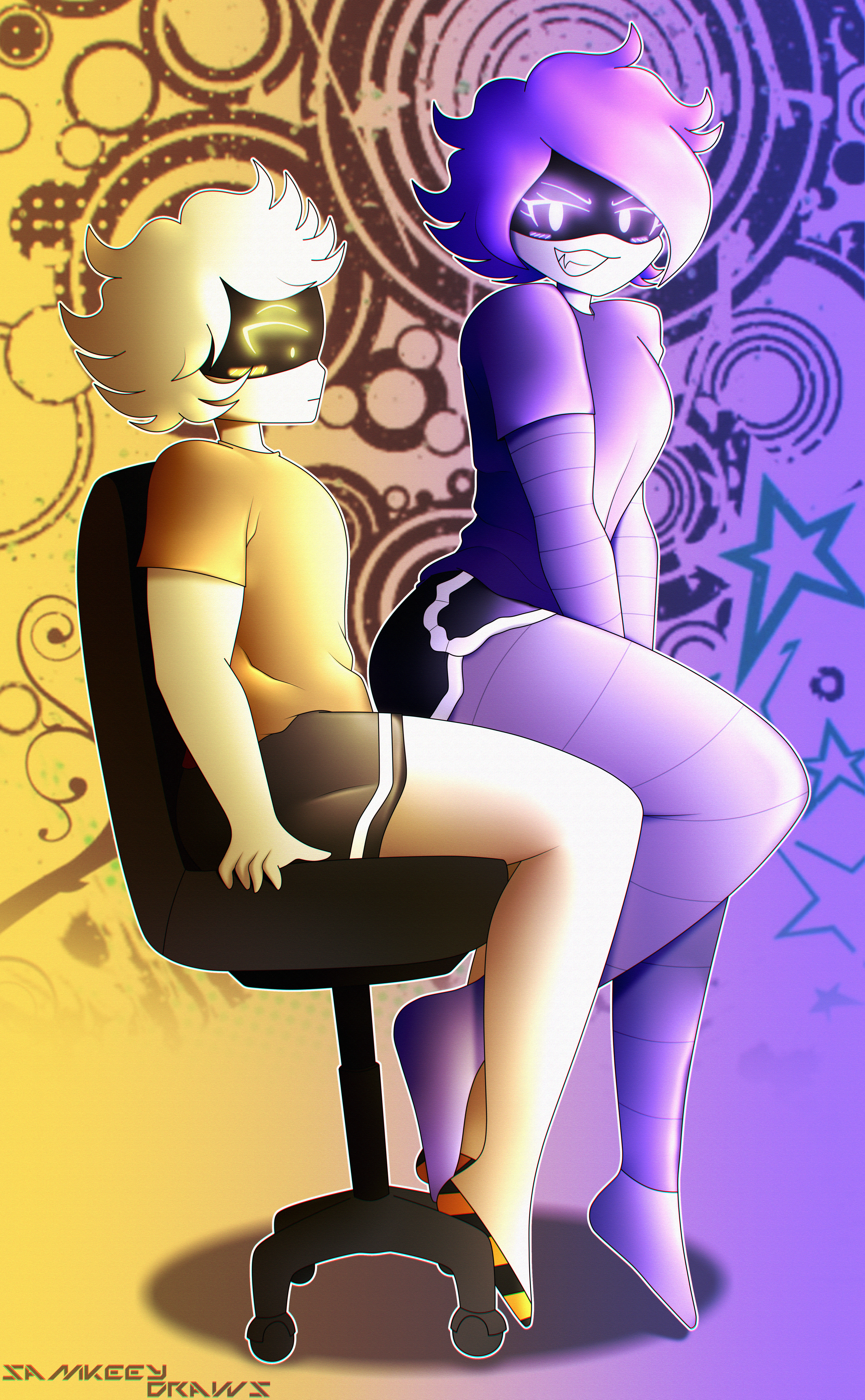 1boy, 1girls, big ass, bigass, black chair, blush, blush lines, chair, female, frutiger metro, glitch productions, gradient background, male, murder drones, n (murder drones), no dialogue, nyrezu, purple eyes, purple hair, sitting, sitting on chair, sitting on lap, smile, uzi (murder drones), white hair, yellow eyes