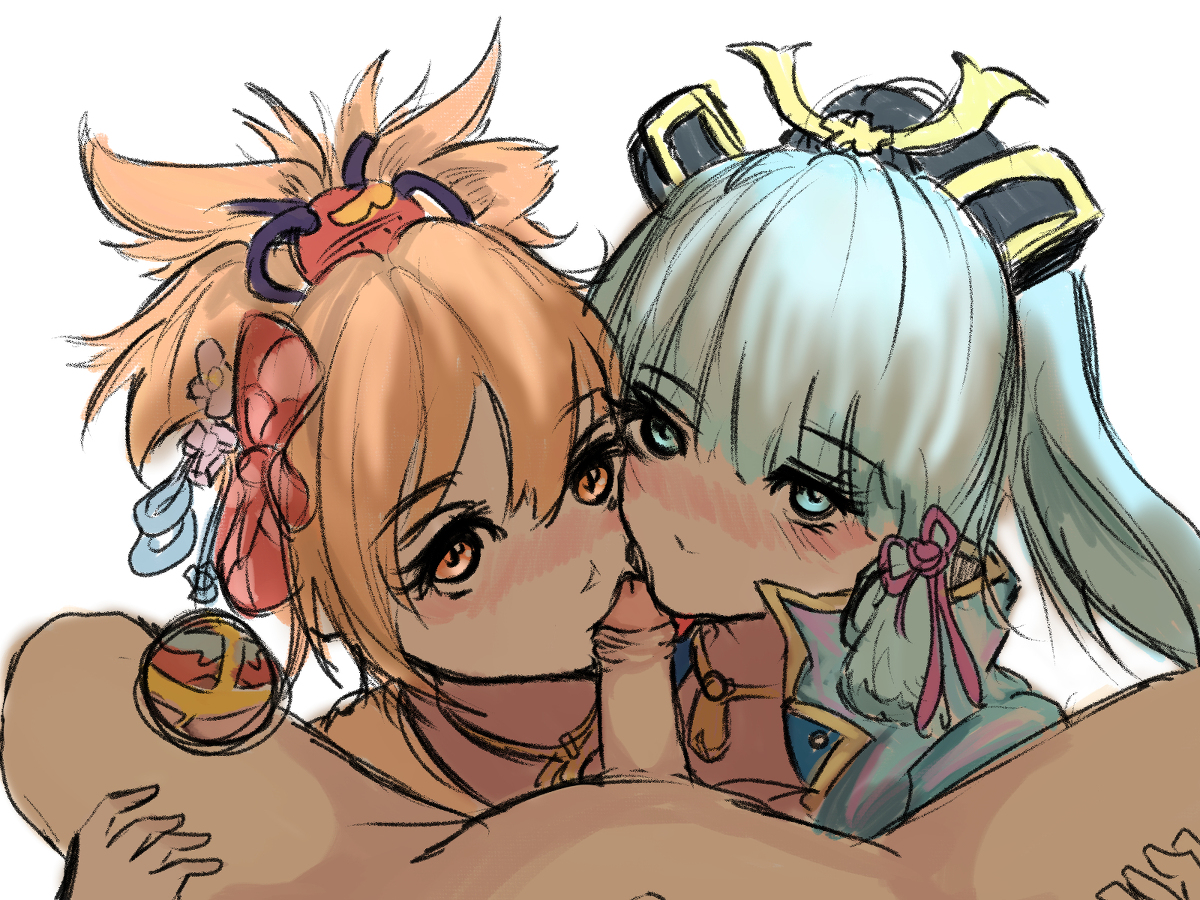 1boy, 2girls, aqua hair, average sized penis, blowjob, collaborative fellatio, cute, double blowjob, eye contact, fellatio, female, ffm threesome, fringe, genshin impact, kamisato ayaka, kyuuuren, licking, licking penis, light skin, light-skinned female, light-skinned male, long hair, male, mihoyo, multiple females, multiple girls, oral, penis, pov, small penis, small penis adoration, sucking, teamwork, teenager, threesome, tongue, tongue out, yoimiya (genshin impact)