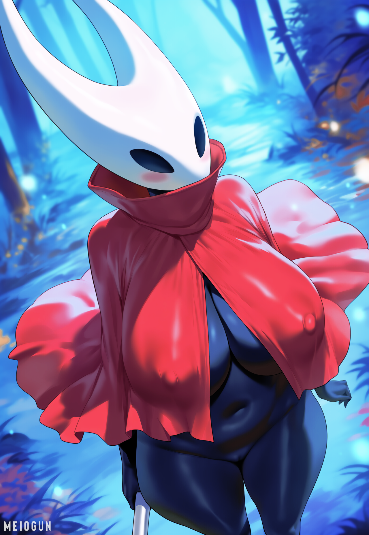 1girls, absurd res, absurd resolution, absurdres, ai generated, anthro, anthro female, anthro only, arthropod, artist name, black eyes, breasts, breasts out, cloak, cloak only, clothed, clothing, covered nipples, dress, erect nipples, female, female only, fingers, forest, grass, hands, hi res, high quality, high resolution, highres, hollow knight, hollow knight: silksong, hornet (hollow knight), huge ass, huge breasts, light, mature, mature female, mature woman, meiogun, moonlight, nails, night, nipples, red dress, shiny, shiny clothes, shiny skin, shy, silksong, skindentation, standing, thick, thick thighs, thighs, wide hips